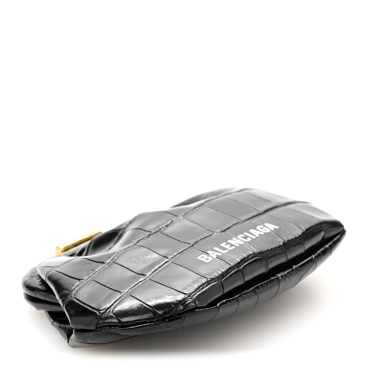 Shiny Supple Calfskin Logo Crocodile Embossed Cloud Coin Purse Black White