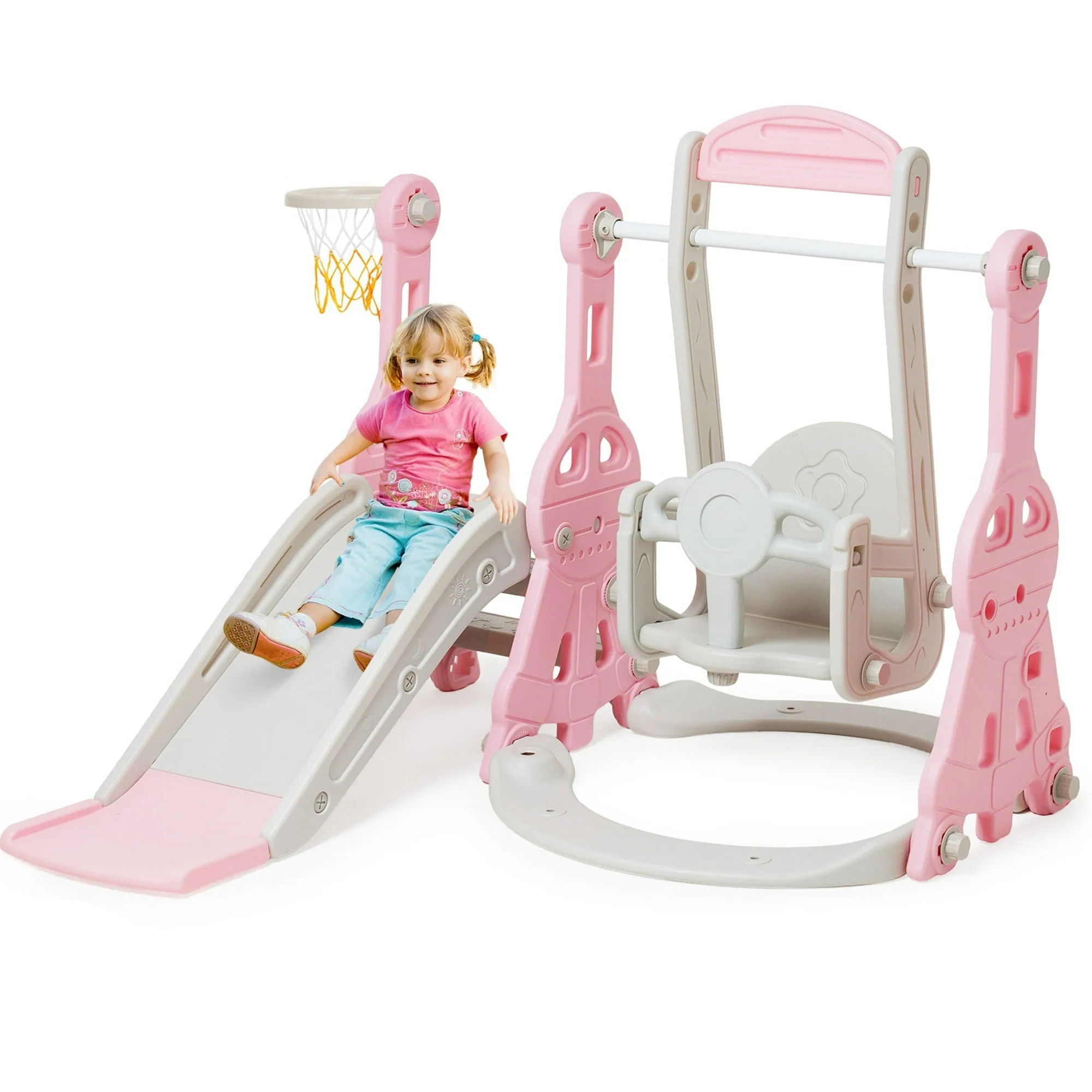 Ealing 4 in 1 Slide and Swing Set for Toddler Indoor and Outdoor Baby Slide Climber Playset with Basketball Hoop & Backyard Playground Swing Slide for Boys and Girl Slide Length: 11.02' L Pink