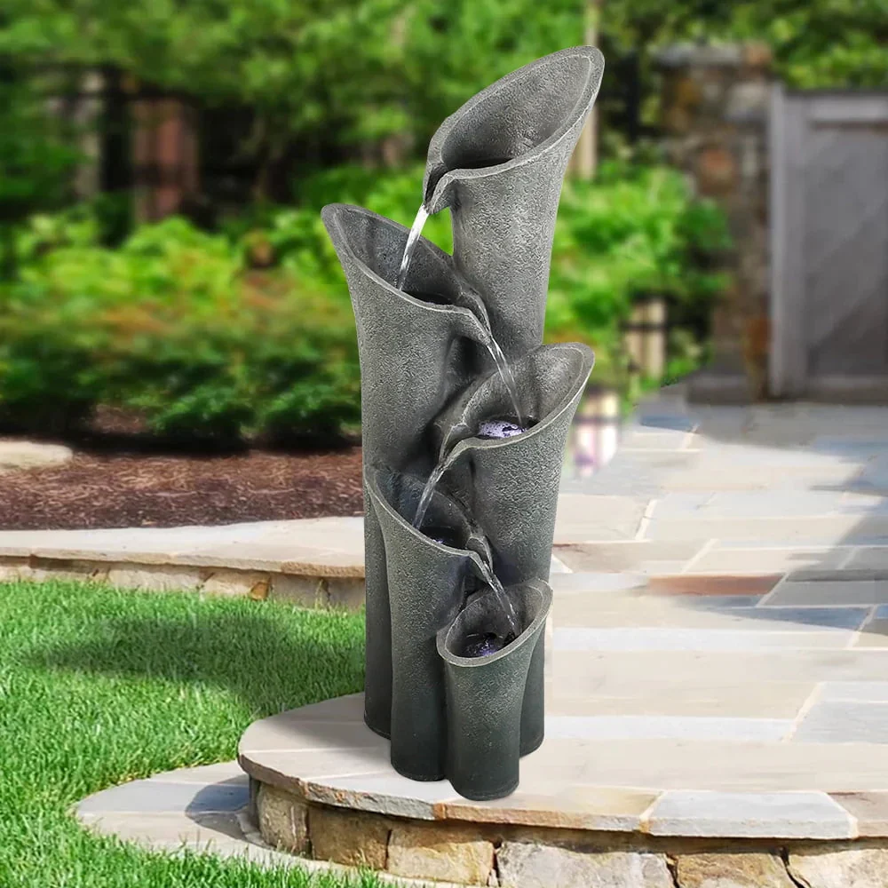 5-Tier Outdoor Water Fountains with LED Lights, 40 High Waterfalls Outdoor Water Feature for Garden Yard Patio Deck Home