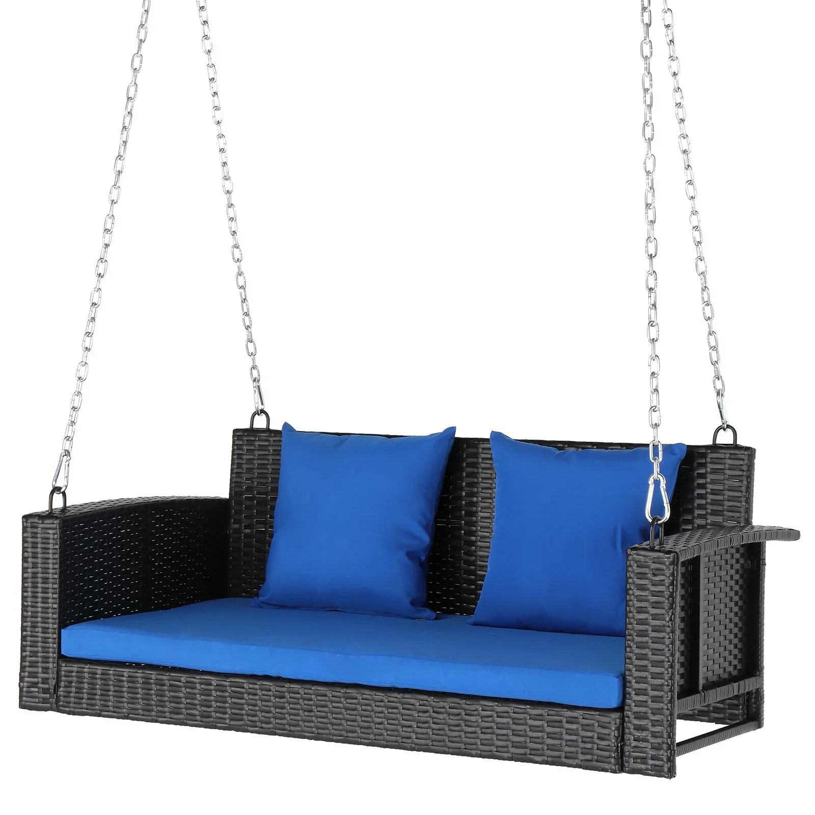 SamyoHome Garden Swing Rattan Wicker  Hanging Swing Bench w/ Blue Cushion