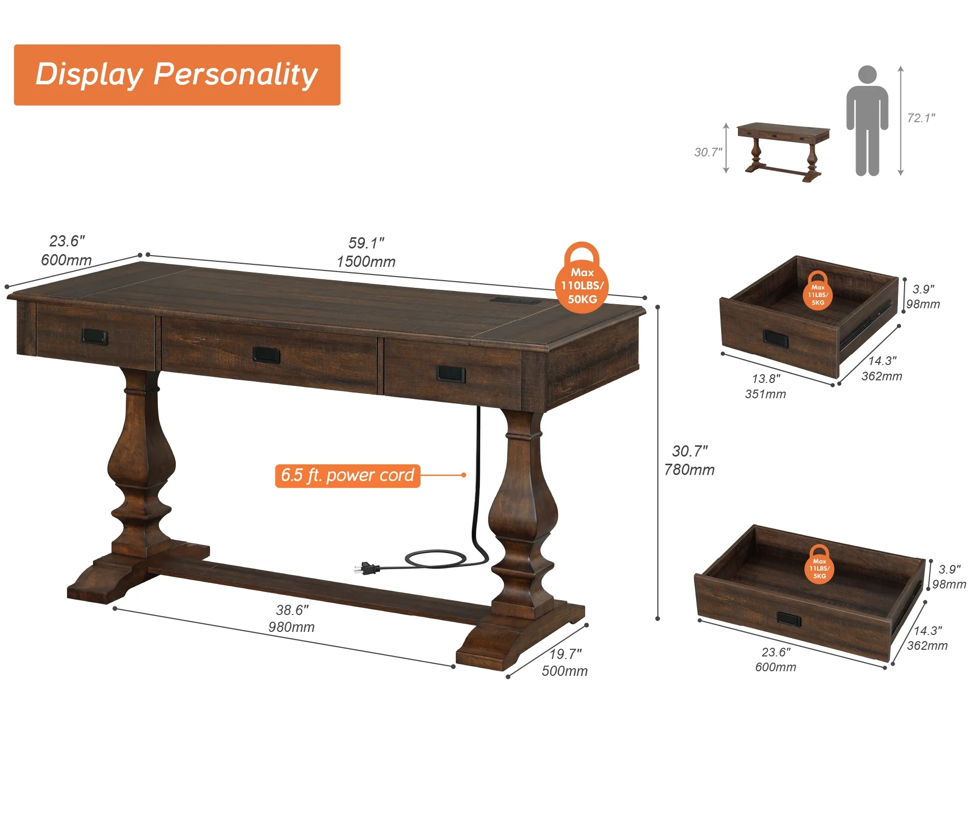 WAMPAT Farmhouse Office Desk with Charging Station - Vintage Rustic Executive Writing Table, Includes 3 Storage Drawers, Sturdy Solid Wood Legs and Ergonomic Rounded Edge for Study, Dark Brown