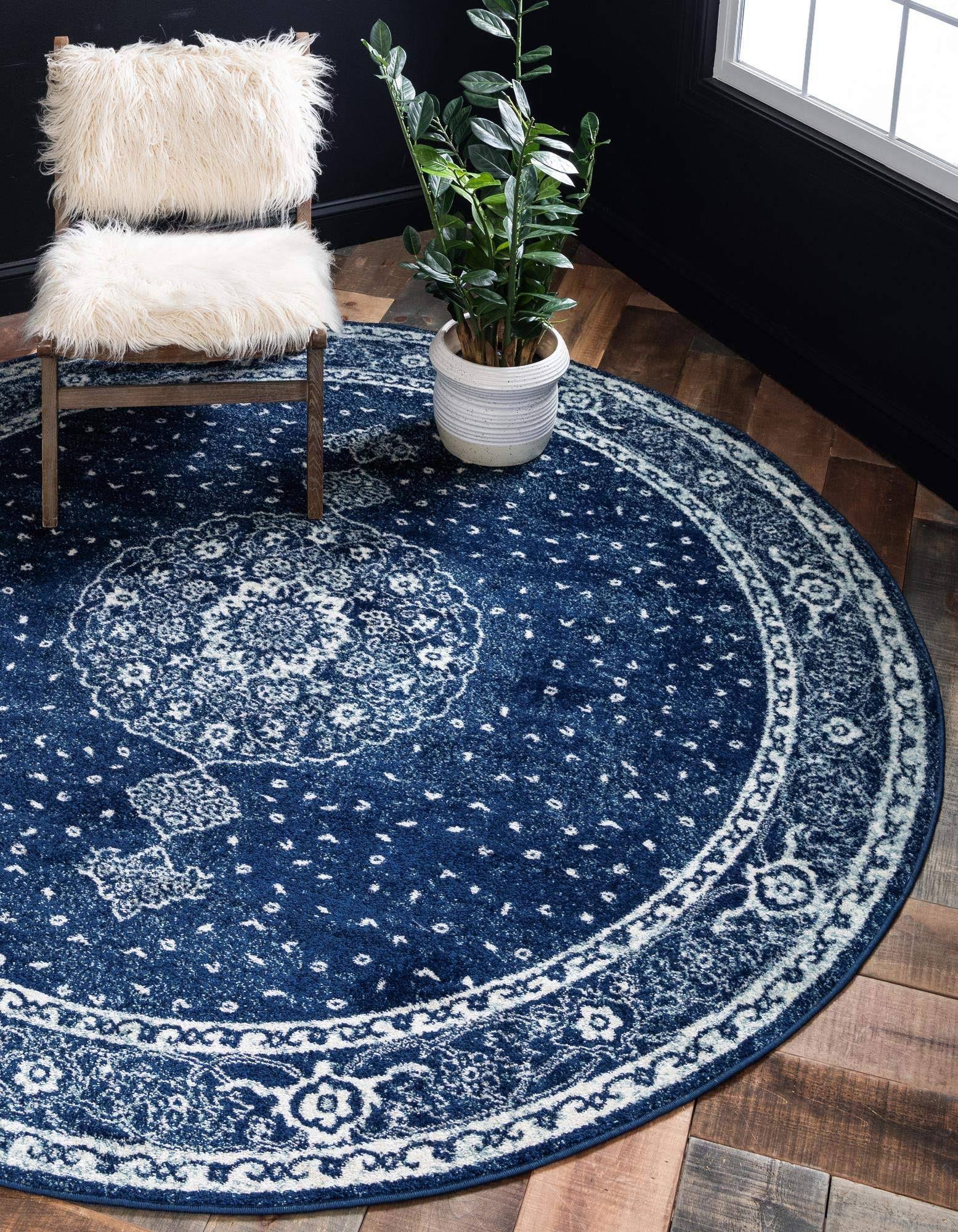 Unique Loom Bexley 3 ft Round Navy Blue Bohemian Area Rug