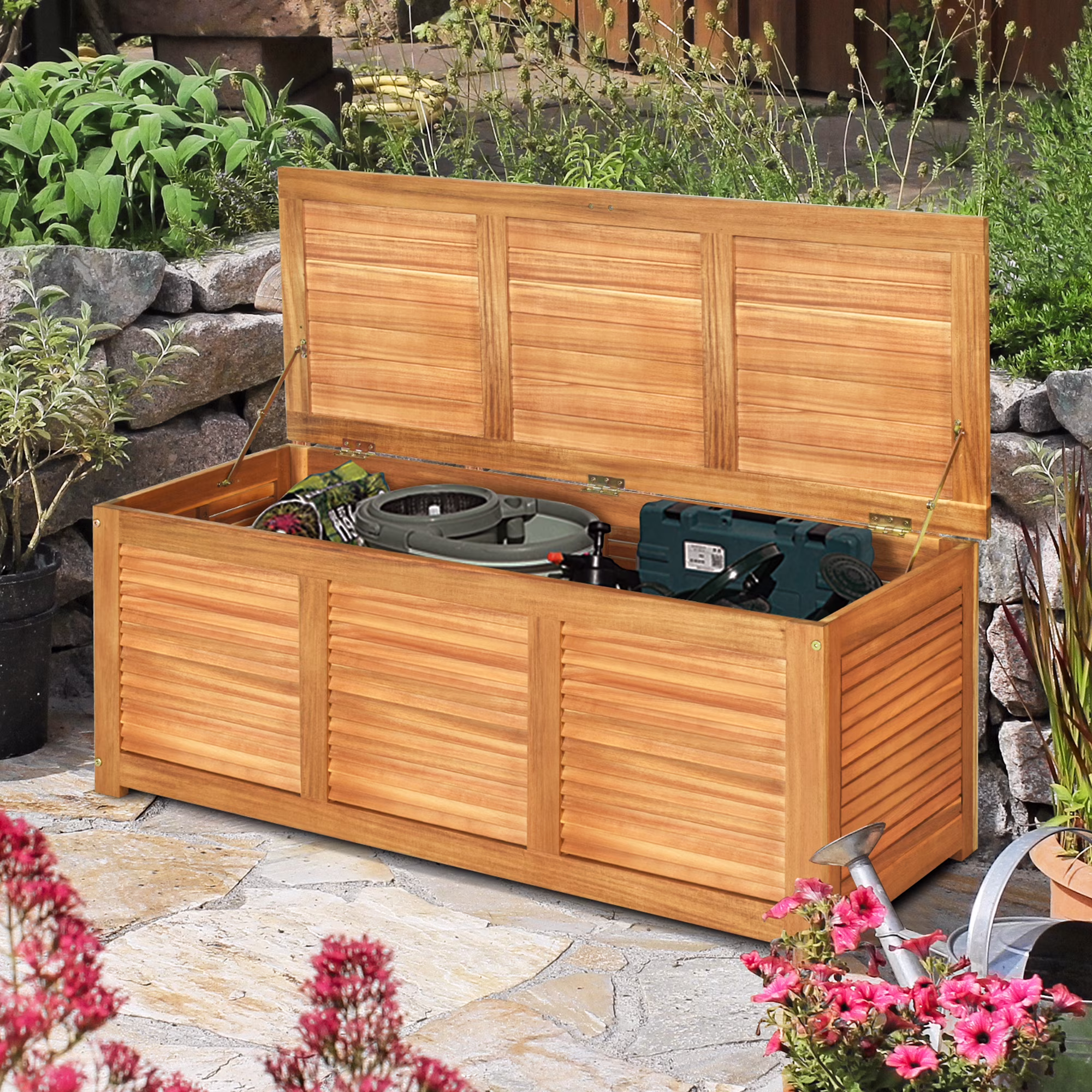 Gymax Acacia Wood Deck Box 46 Gallon Garden Backyard Storage Bench Container
