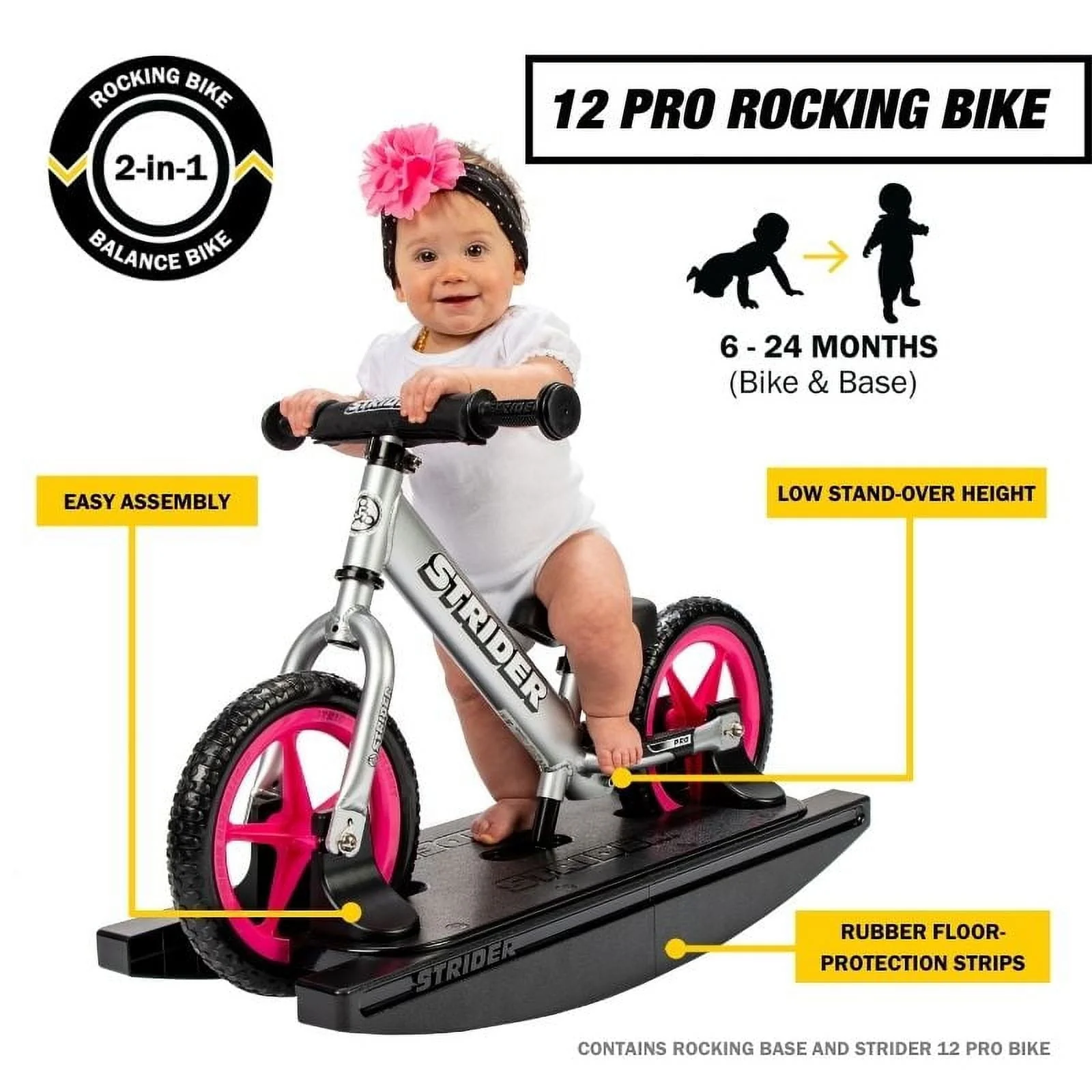 Strider - 12 Pro 2 - in - 1 Rocking Balance Bike, Ages 6 Months to 5 Years - Silver