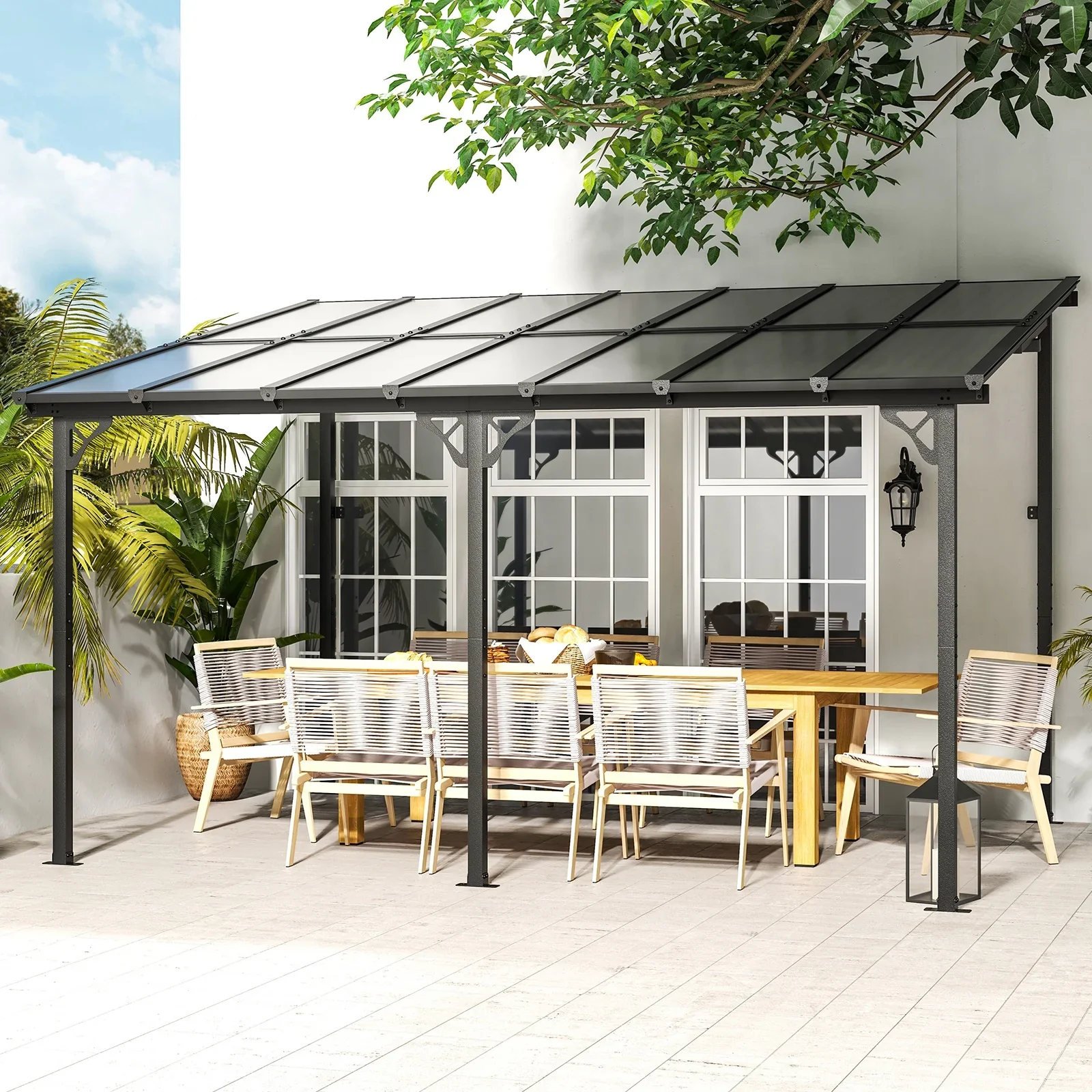 JolyDale 10��x 14�� Hardtop Gazebo, Outdoor Wall-mounted Pergola for Garden, Patio, Backyard, Gray