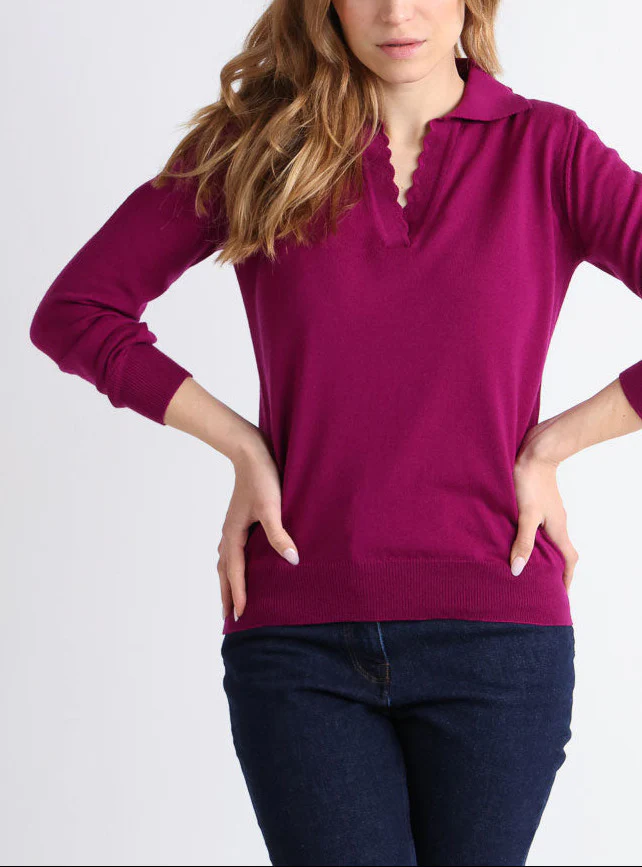 Pull col polo femme en laine mérinos violet