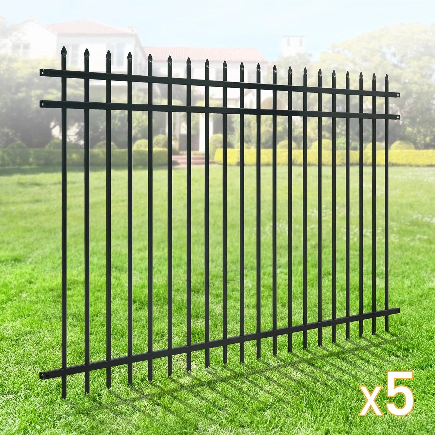 Fencer Wire Pack of 5 Heavy Duty Pinnacle Fence Barrier Panel, 5FT Height X 8FT Width Anti - Rust Metal Fencing Panel, 2 Diameter Steel Outdoor Decorative Garden Fence Panel for Yard, Pool, Patio