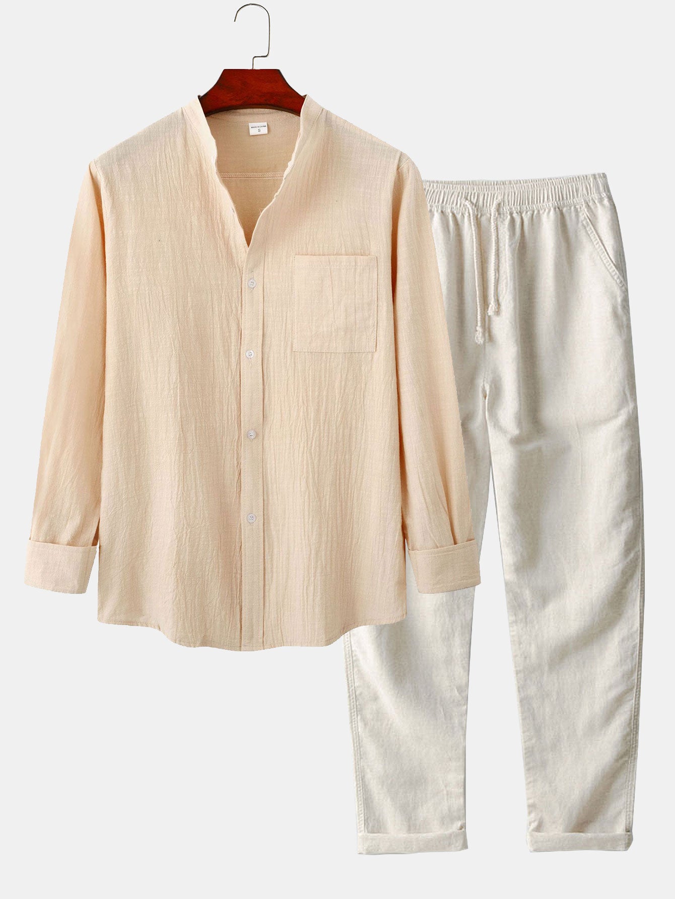 Chemise à manches longues en lin, col montant, et pantalon droit en lin