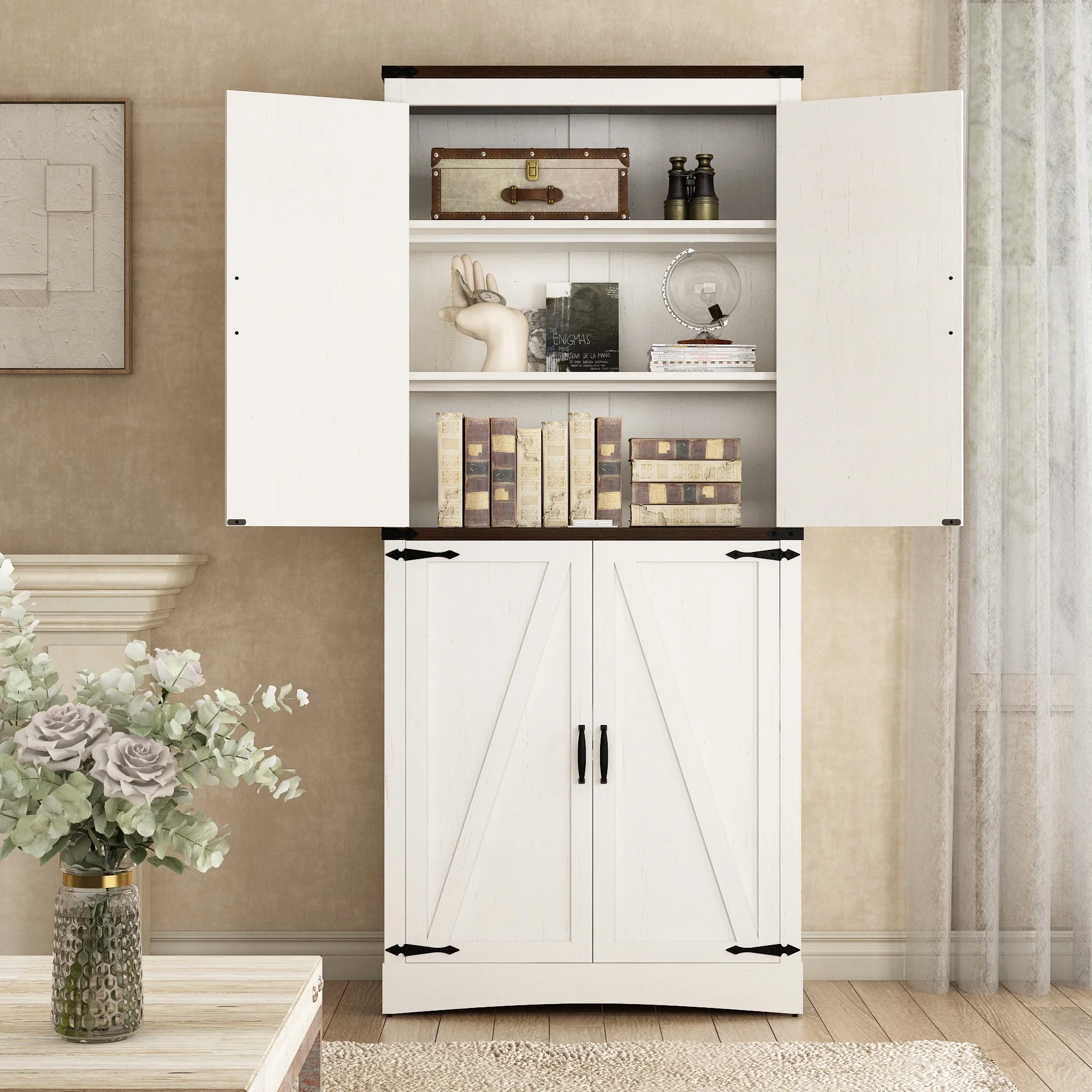 71" Tall Farmhouse Kitchen Pantry Cabinet, 5 Layers Storage Cabinet with Adjustable Shelves, Farmhouse Pantry Cabinet with 4 Barn Doors for Kitchen, Dining Room, Bathroom, Living Room, Rustic White(White-4 Barn Doors) - Image 8