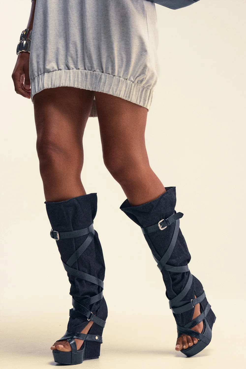 AZALEA WANG ROTHKID BLACK DENIM  KNEE HIGH OPEN TOE BOOT - Akira Store