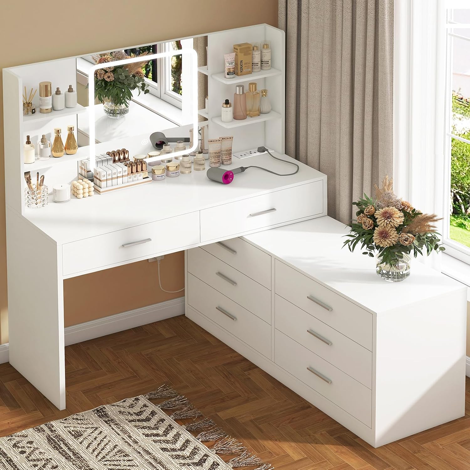 Vanity Desk with LED Light Mirror & Power Outlet, 8 Drawers, 6 Storage Shelves, 3 Color Modes & Adjustable Brightness Makeup Vanity, Corner Vanity, L Shape Vanity, 39.4”-64.9