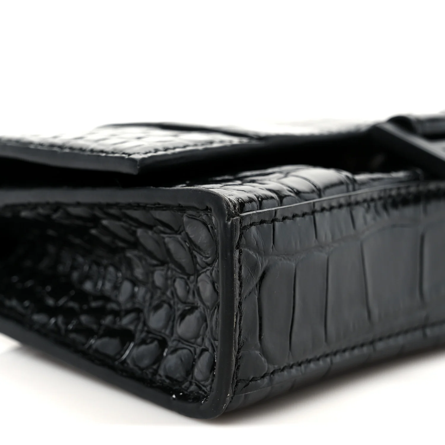 Shiny Calfskin Monochrome Crocodile Embossed Hourglass Chain Bag Black