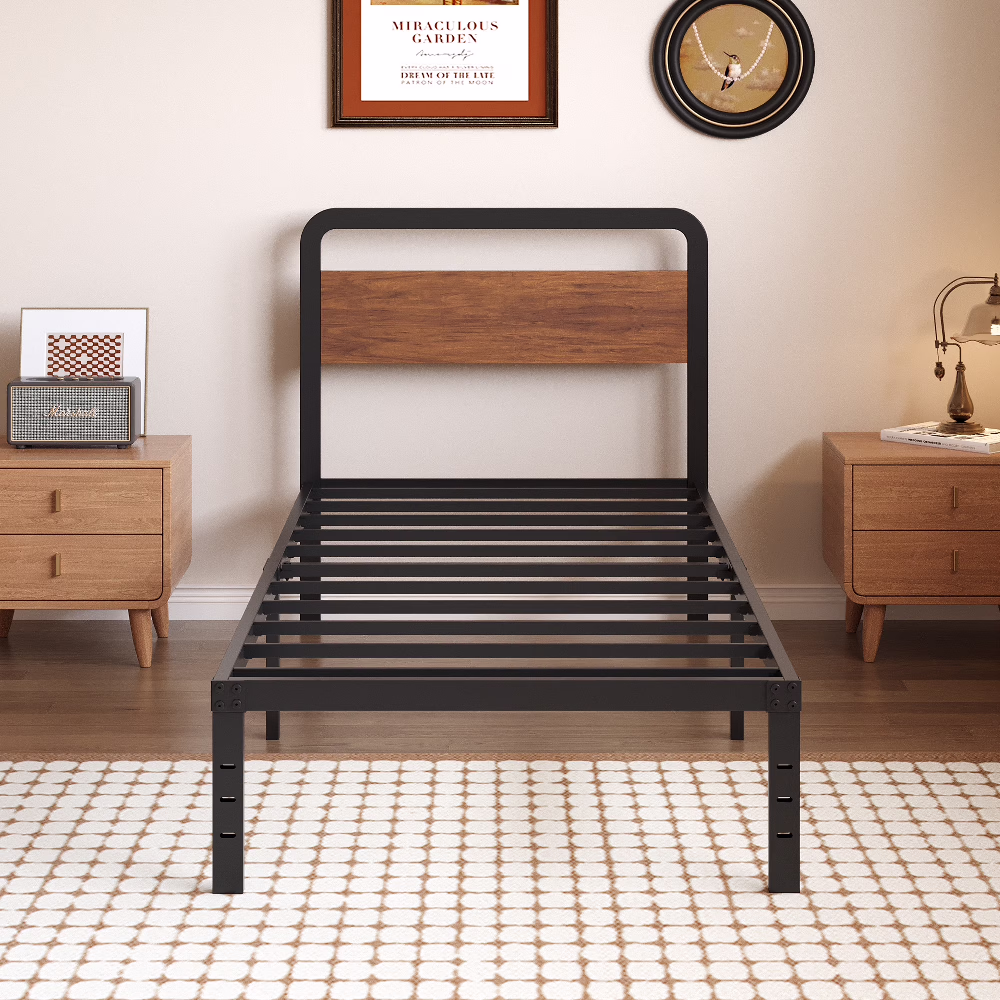 Maenizi Twin XL Bed Frames with Upholstered Headboard, 18 in Twin XL Metal Bed Frame No Box Spring Needed, Heavy Duty Metal Slats, Noise Free, Easy Assemble, Grey