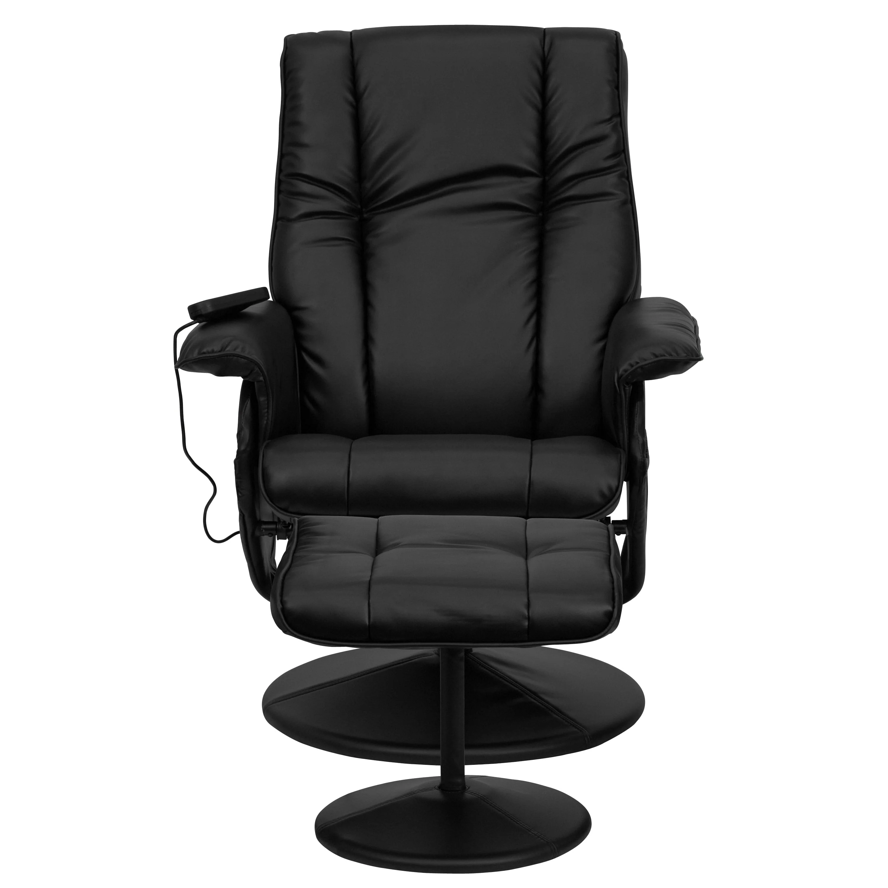 Bizchair Massaging Heat Controlled Adjustable Recliner and Ottoman with Wrapped Base in Black Leathersoft