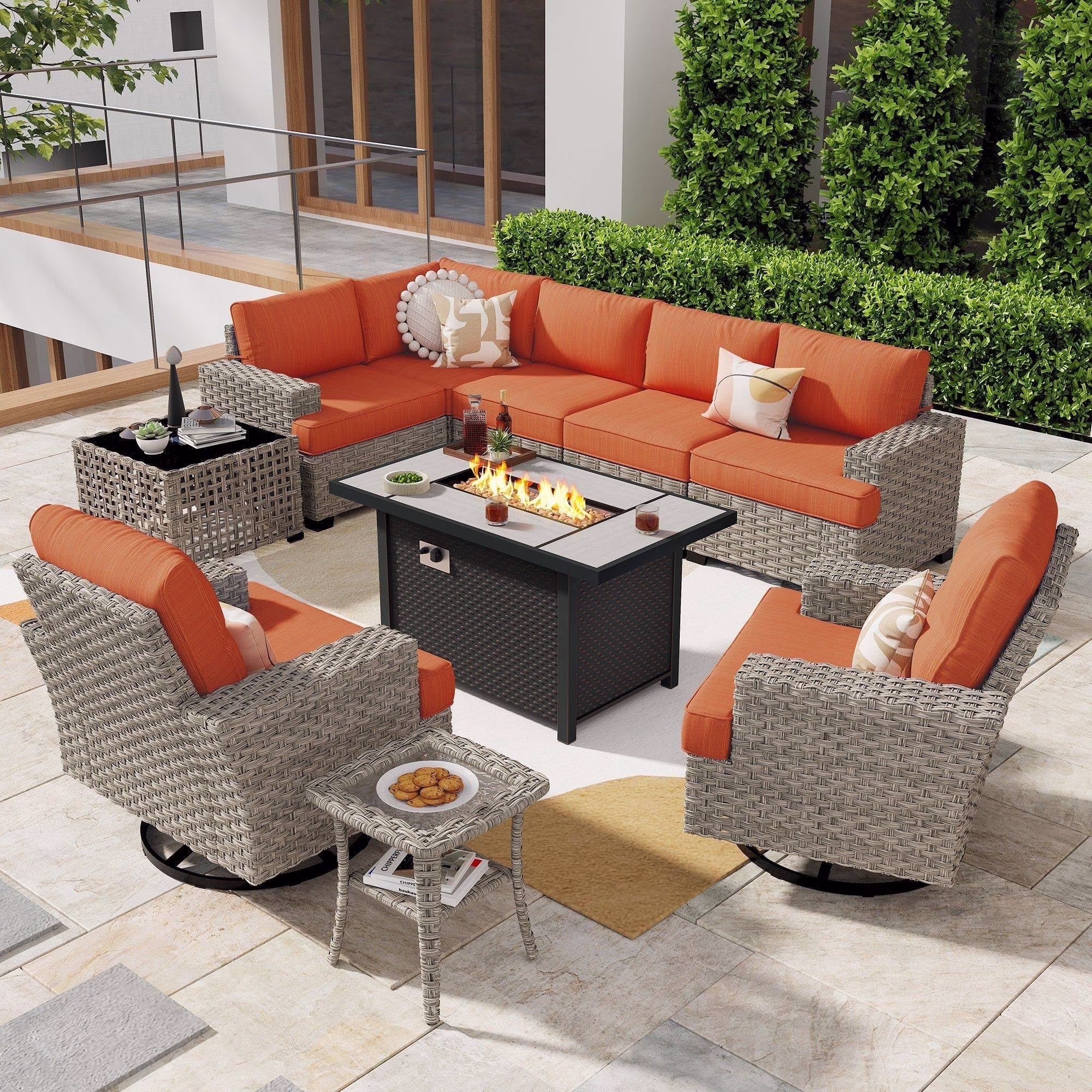 10 Pieces Outdoor Patio Furniture Modern High-Back All-Weather Wicker Sectional Conversation Set with Propane Fire Pit Table Swivel Chair, Dark Gray(Dark Gray) - Image 3