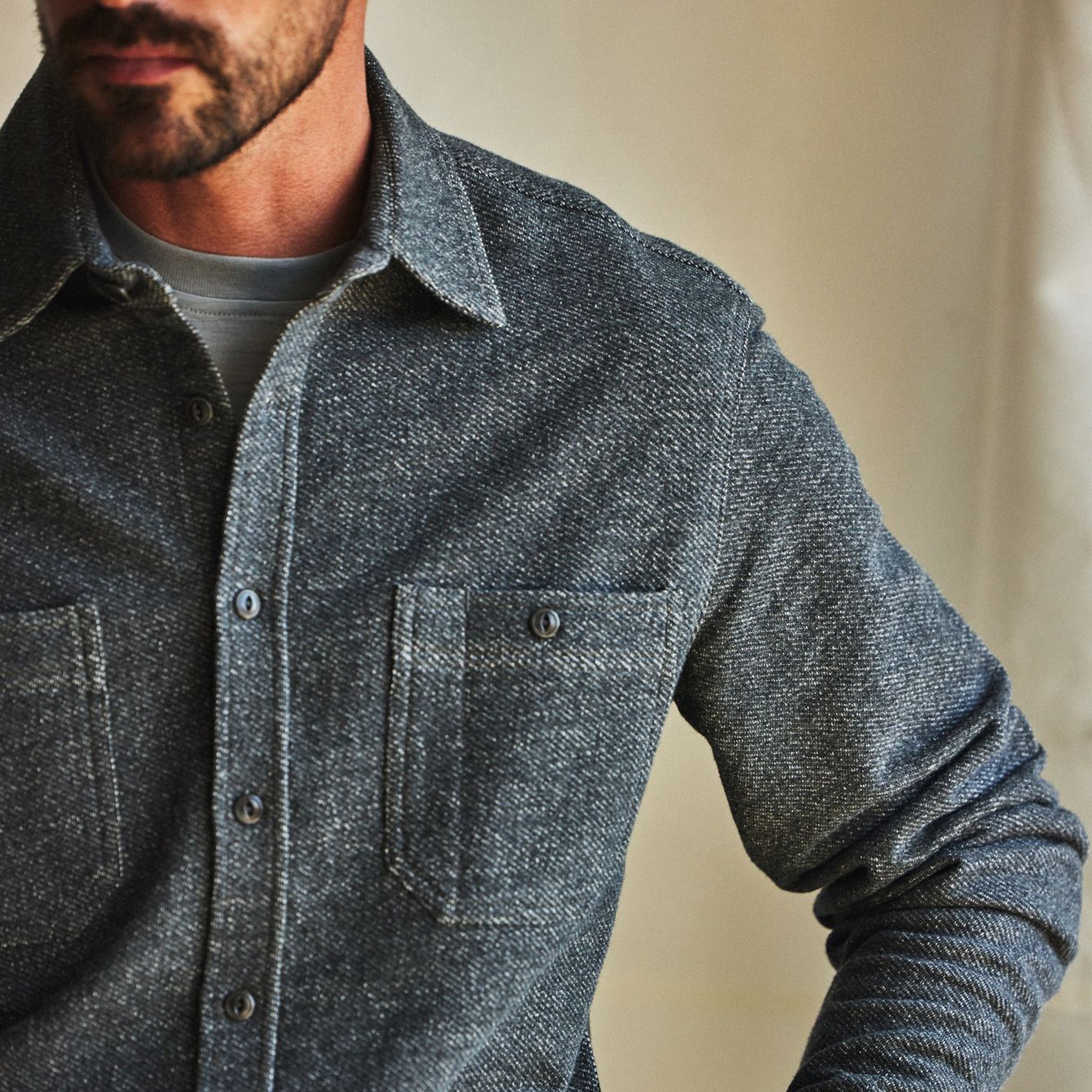 Chemise utilitaire en maille sergée molletonnée bleu marine