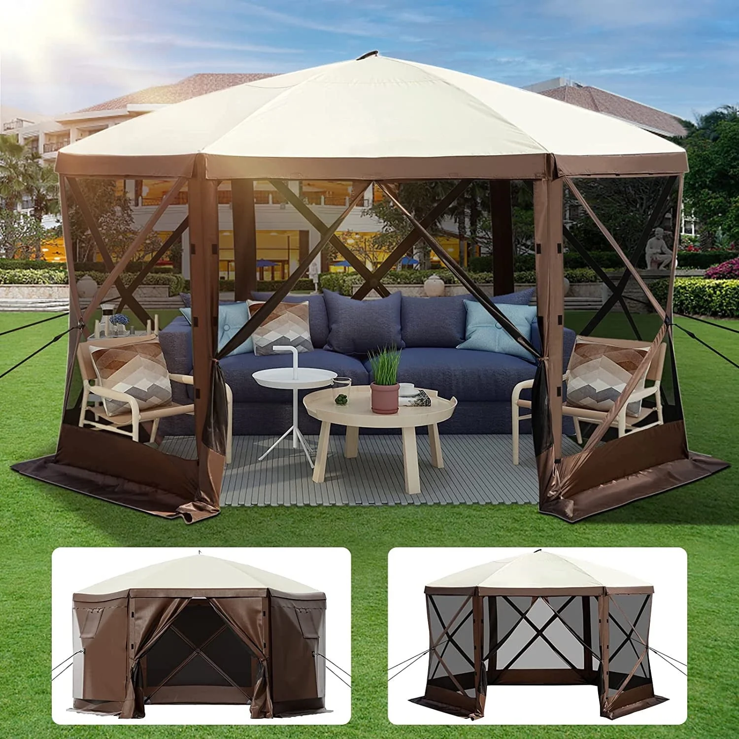 Vevorbrand Camping Gazebo Tent, 12'X12', 6 Sided Pop - up Canopy Screen Tent for 8 Person Camping, Waterproof Screen Shelter W/Portable Storage Bag, Ground Stakes, Mesh Windows, Brown & Beige
