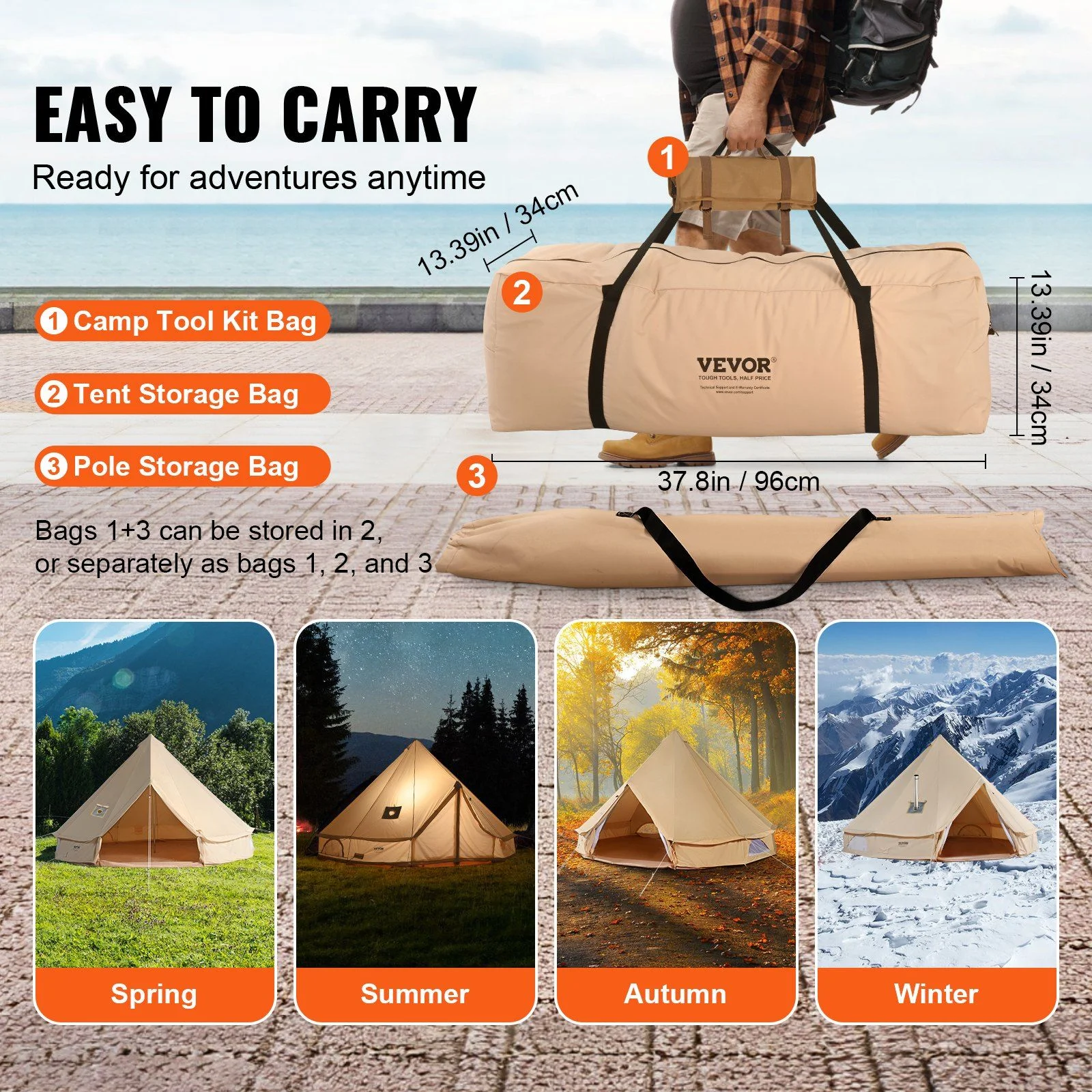 8-10 Person Glamping Bell Tent Waterproof Yurt Tent with Stove Jack Detachable Side Wall Spacious 16'x16' for Family Camping Durable Easy Setup for All Seasons - Image 6