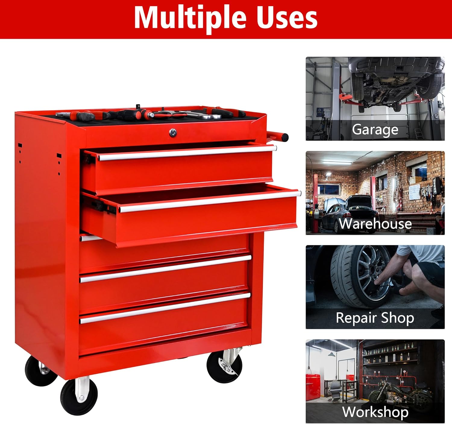 Tool Chests, 5-Drawer Rolling Tool Storage Cabinet with Detachable Tray, Multi-Functional Handles, Adjustable Shelves, Secure Locking System, Heavy-Duty Wheels, Ideal for Garage, Workshop(5-Drawers/Red) - Image 6