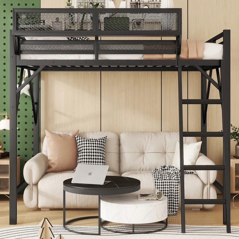 Queen Size Metal Loft Bed Frame, Heavy Duty Steel High Loft Bed with Storage Shelves Ladder, Space-Saving Loft Bed for Apartments, Adults, Teens Juniors (Black)(Queen/Black) - Image 7