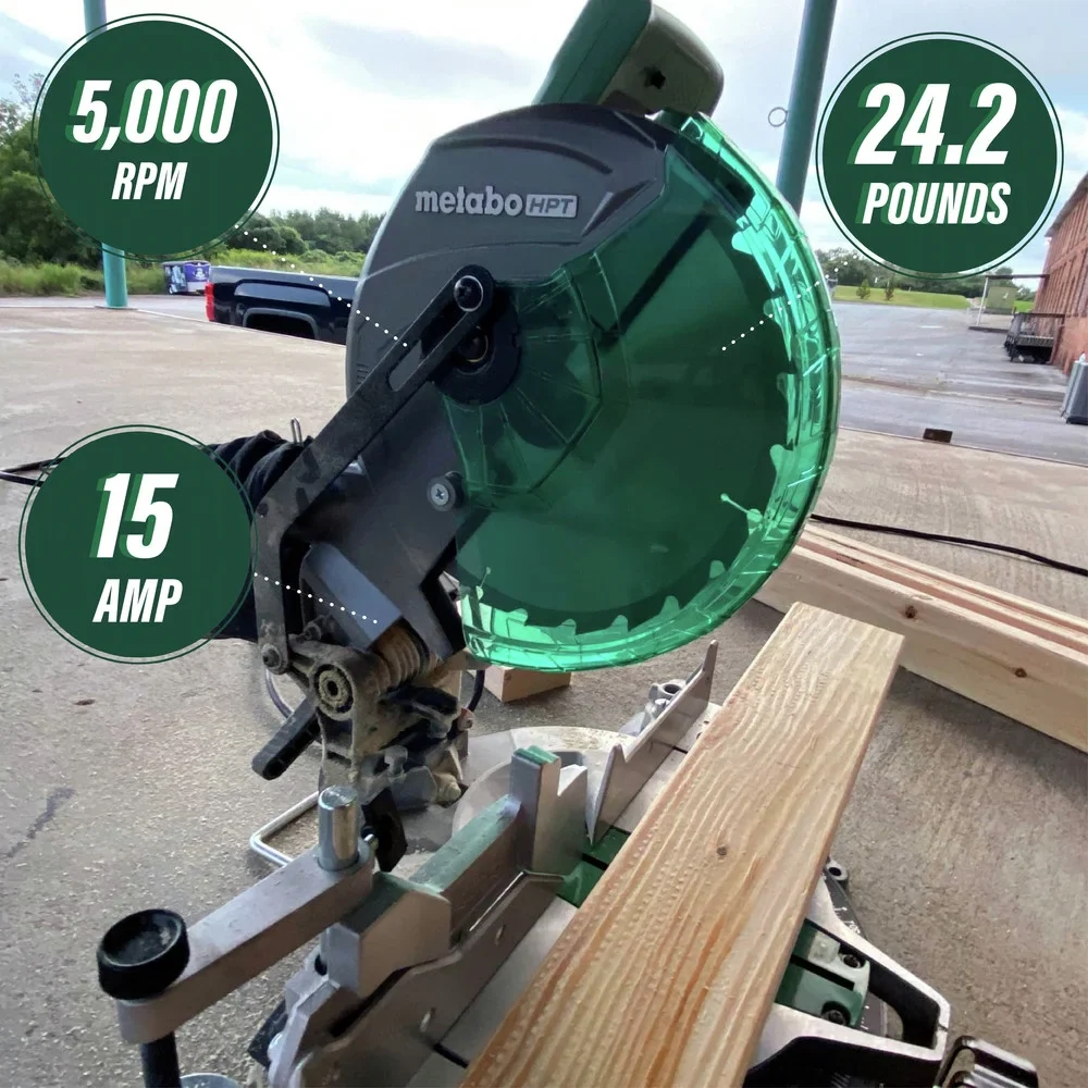 Metabo HPT Compound Miter Saw, 10 Miter Saw with Large Table Saw for woodworking, Power saw with 15-Amp Motor, Accurate Miter Angles, 0-45 Bevel, 24T TCT Miter Saw Blade, Positive Stops, C10FCGS