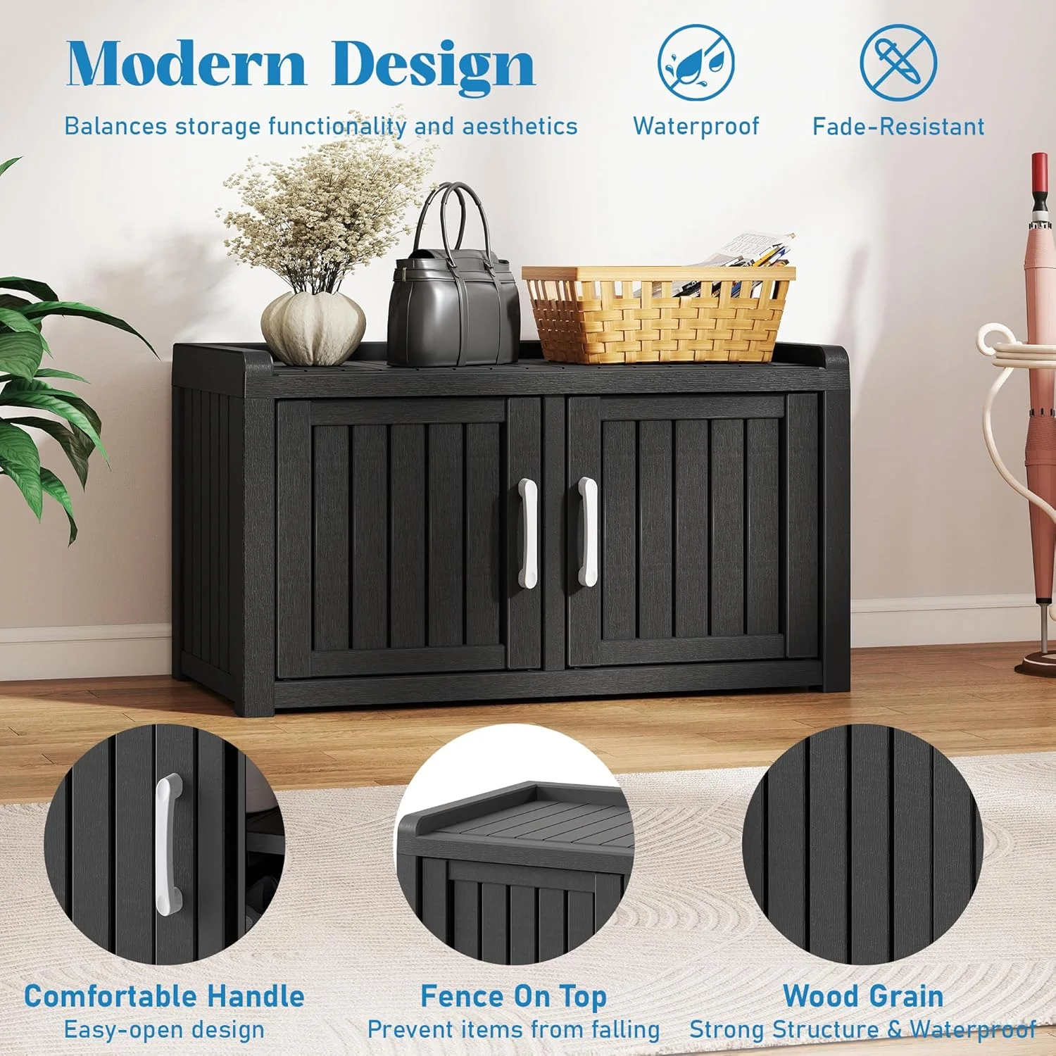 Outdoor Shoe Storage Cabinet, Waterproof UV-Resistant Entryway Storage Bench Indoor Outdoor with 2 Barn Doors, Adjustable Shelves for Entryway, Bedroom, Hallway,Living Room(Black)(Double Door/Black) - Image 5