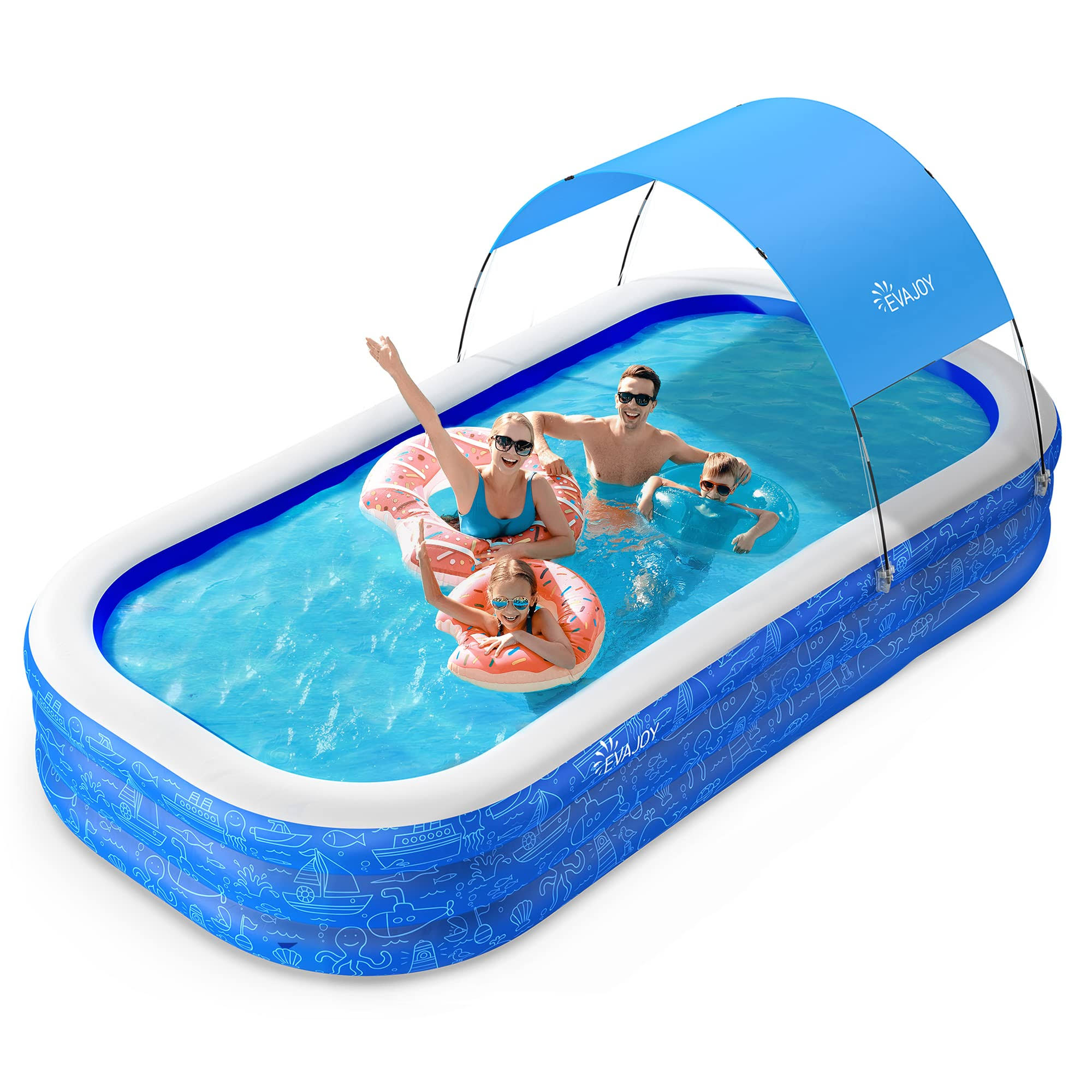 Large Inflatable Swimming Pool with Canopy, 150�� x 70�� x 20�� Full-Sized Inflatable Pool for Kids & Adults, Kiddie Pool with Sun Shade, Blow Up Pool
