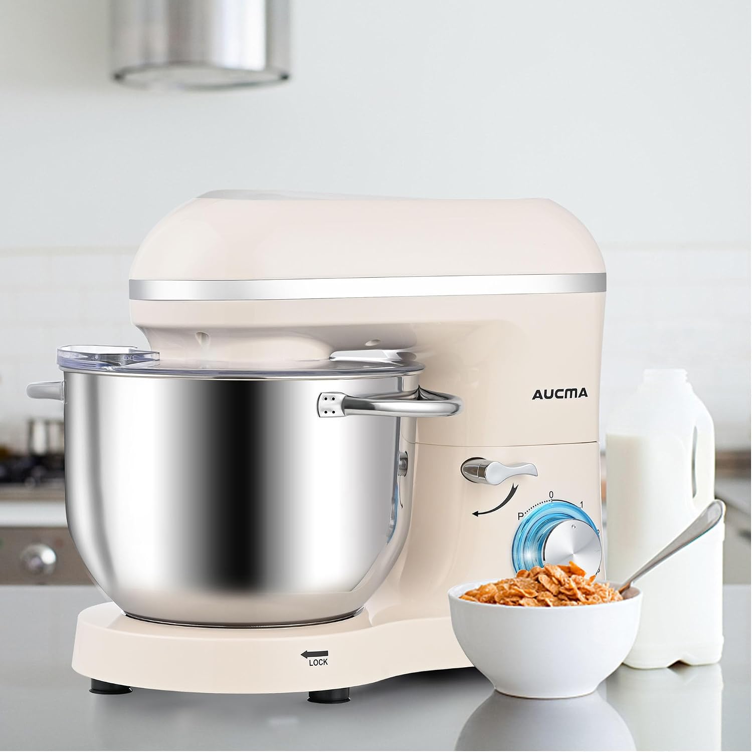 Aucma Stand Mixer, 6.5-QT 660W 6-Speed Tilt-Head Food Mixer, Kitchen Electric Mixer with Dough Hook, Wire Whip & Beater (Almond Cream, 6.5QT)