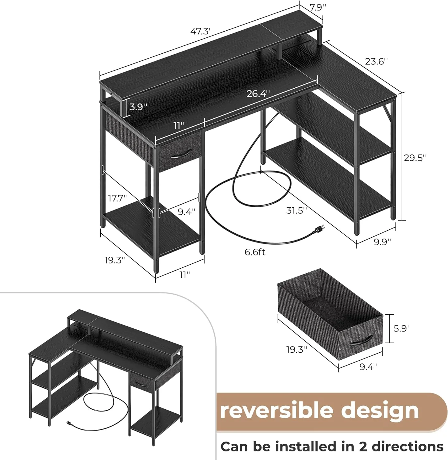 SUPERJARE L Shaped Gaming Desk with LED Lights