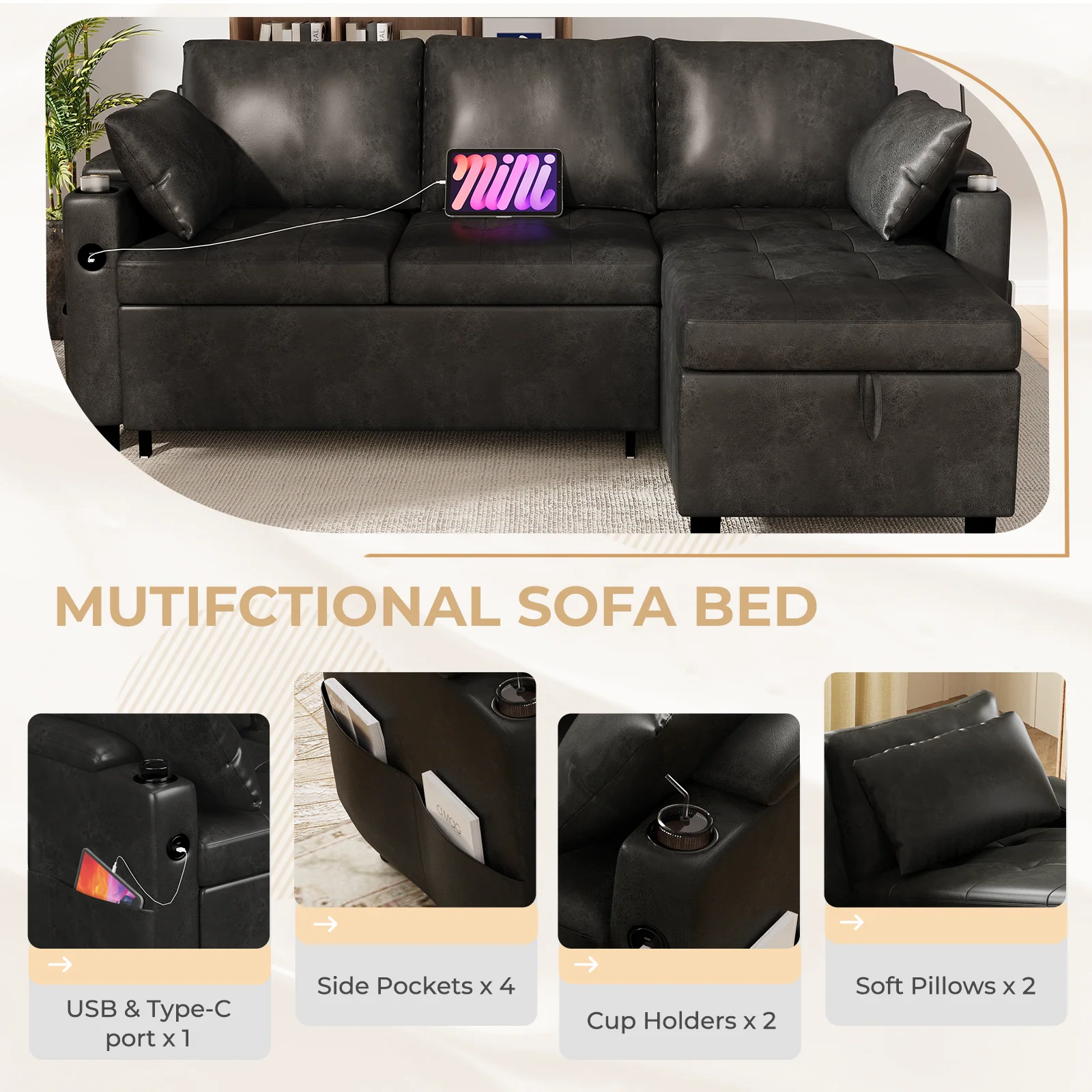 AECOJOY Sleeper Sofa Couch with Pullout Bed, Faux Leather, Black