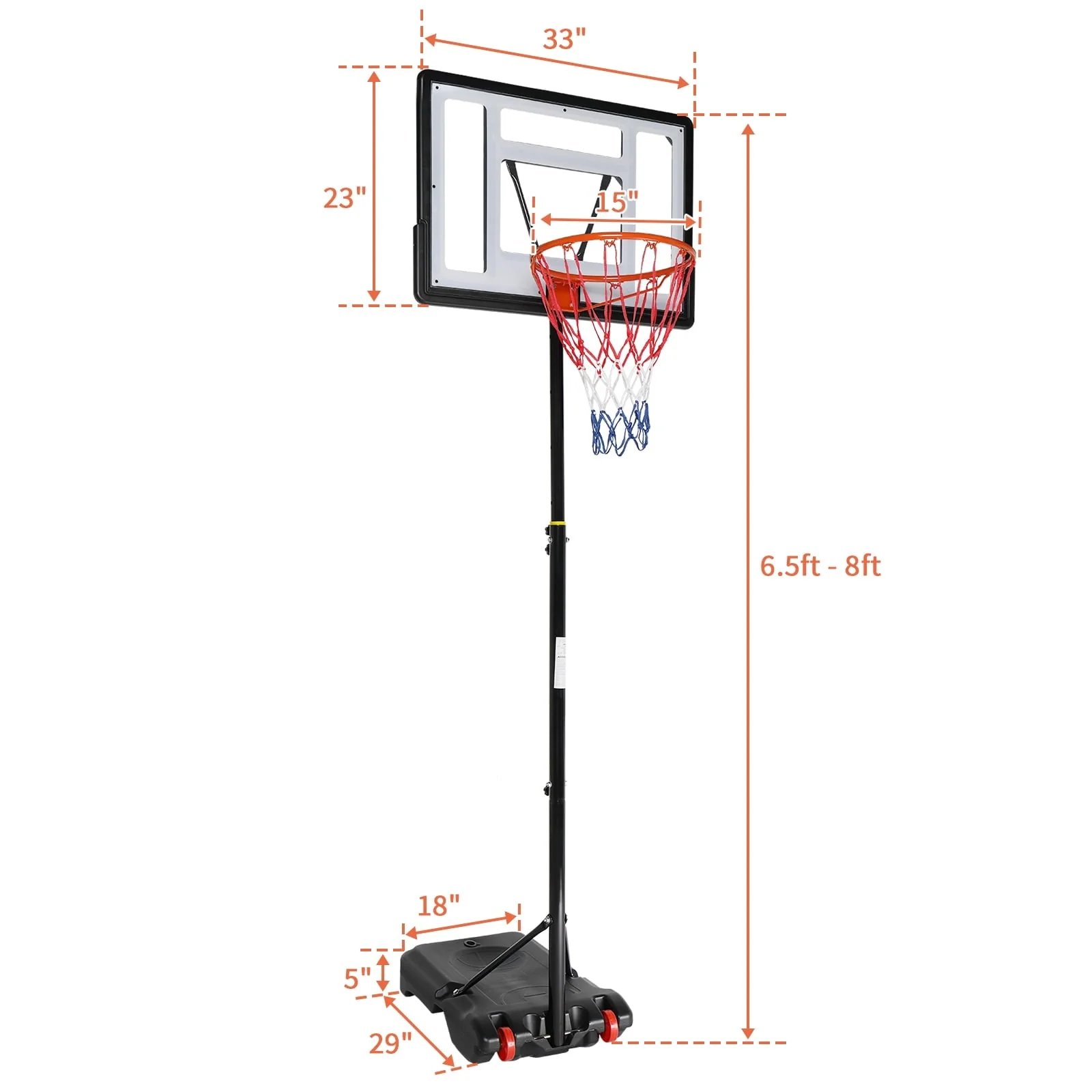 Ktaxon 33 In. Portable Basketball Hoop Stand, 6.5 - 8 Ft Adjustable Basketball Goal System, with PVC Backboard Indoor/Outdoor