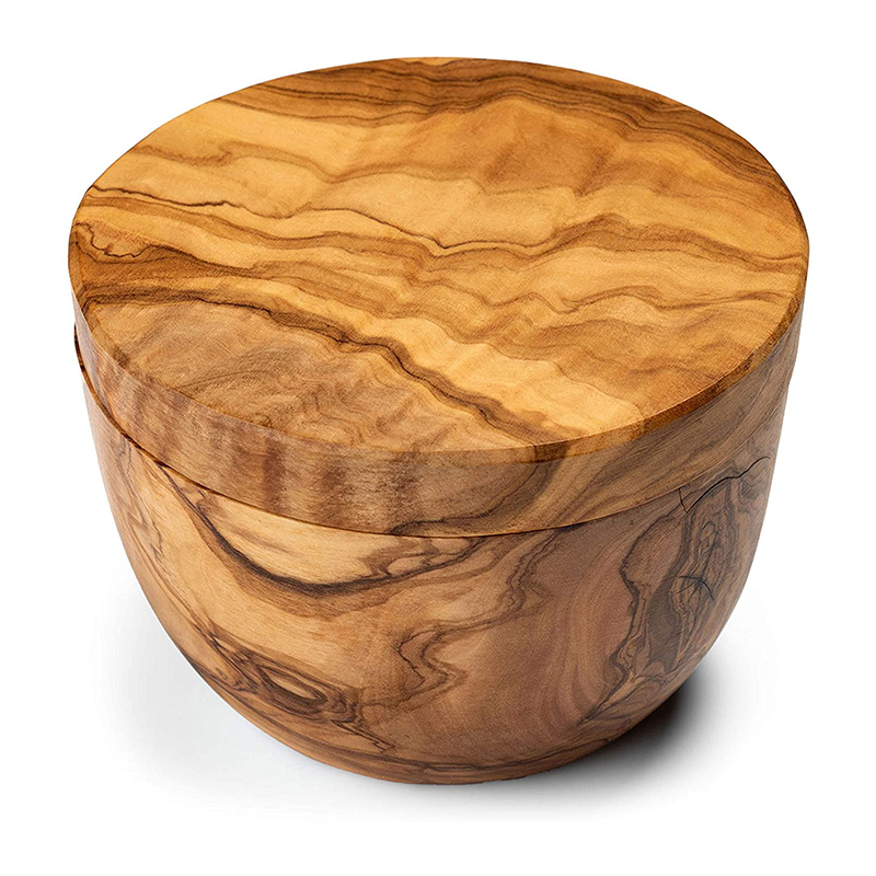 Olive Wood Salt Box Round Wooden Salt Keeper with Lid,  Olive Wood Seasoning Box