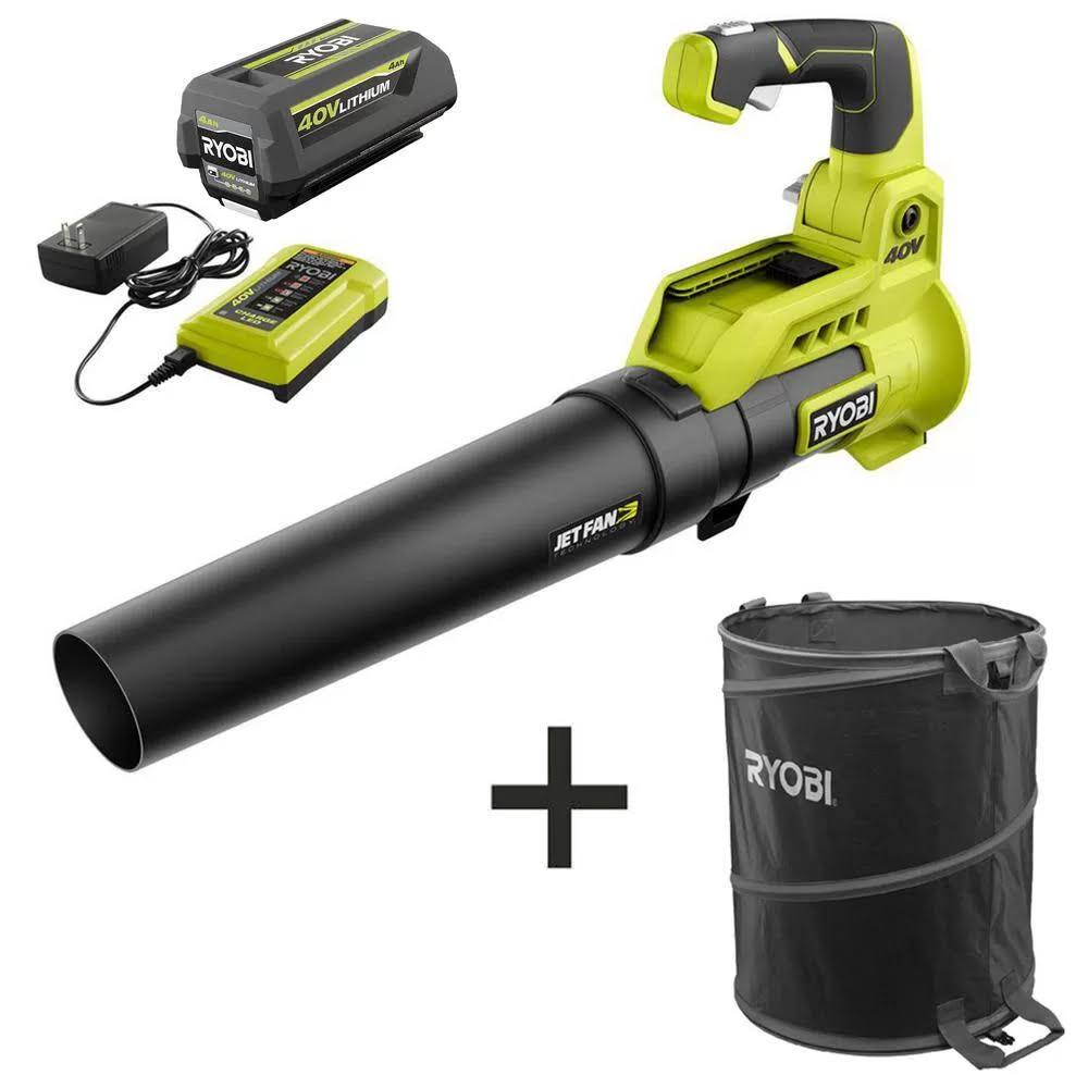 Ryobi 40V 110 MPH 525 CFM Jet Fan Leaf Blower with Lawn and Leaf Bag 4.0 Ah Battery and Charger