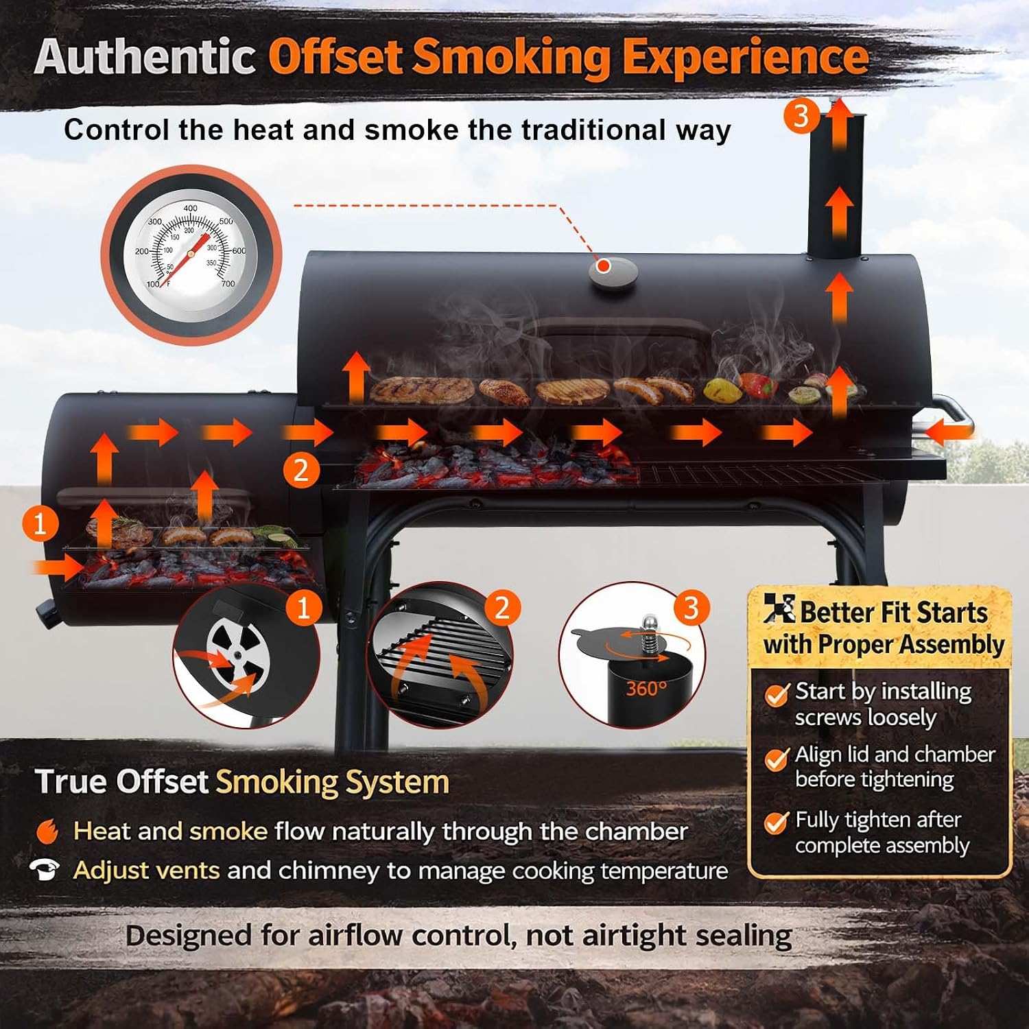 Realcook Charcoal Grills with Offset Smoker: Spacious Barrel Charcoal Grill
