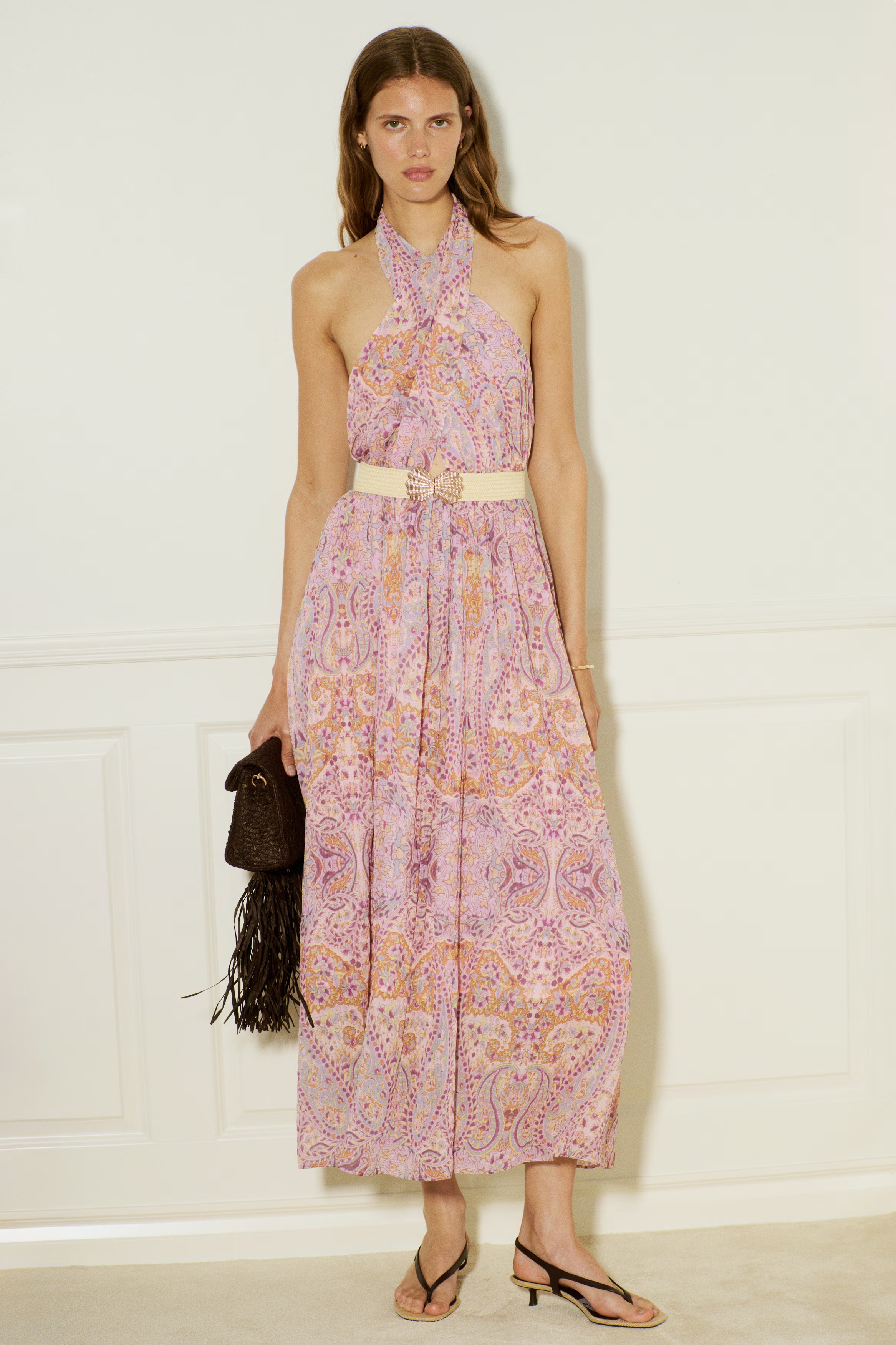 Belted Halterneck Dress-Pink