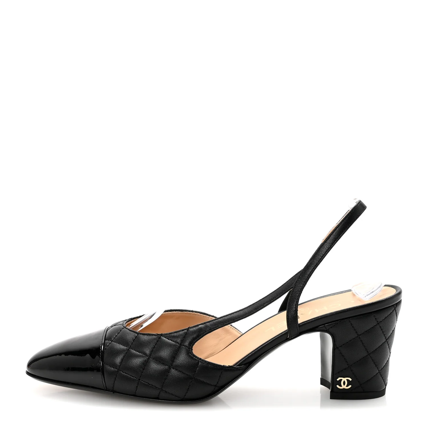 Lambskin Patent Calfskin Quilted Cap Toe CC Slingback Pumps 41 Black