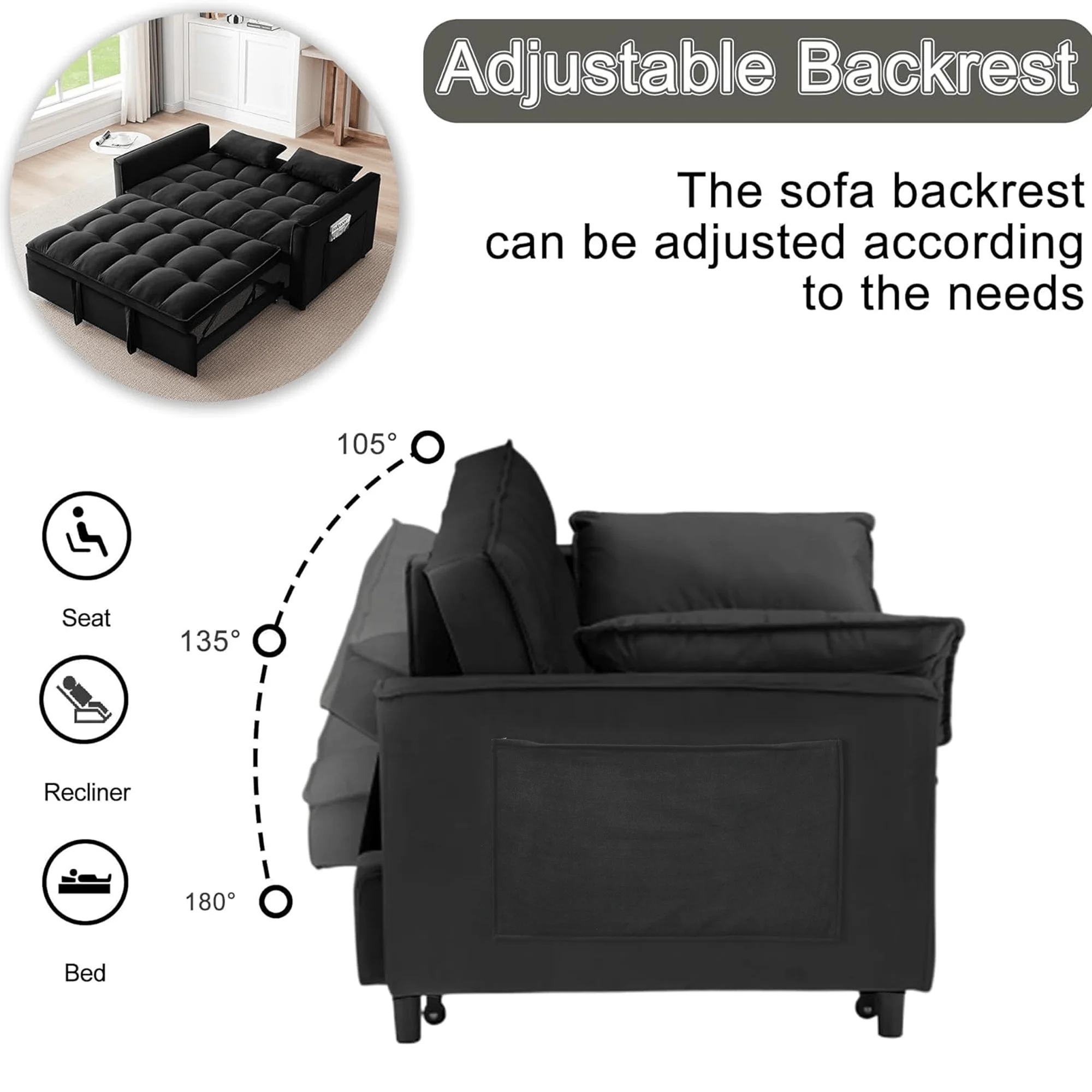 3-in-1 Convertible Sofa Bed �C USB Charging, Adjustable Backrest Pull-Out Couch Loveseat Sleeper for Living Room, Apartment Small Space,Black(Black-USB Charging Port) - Image 4