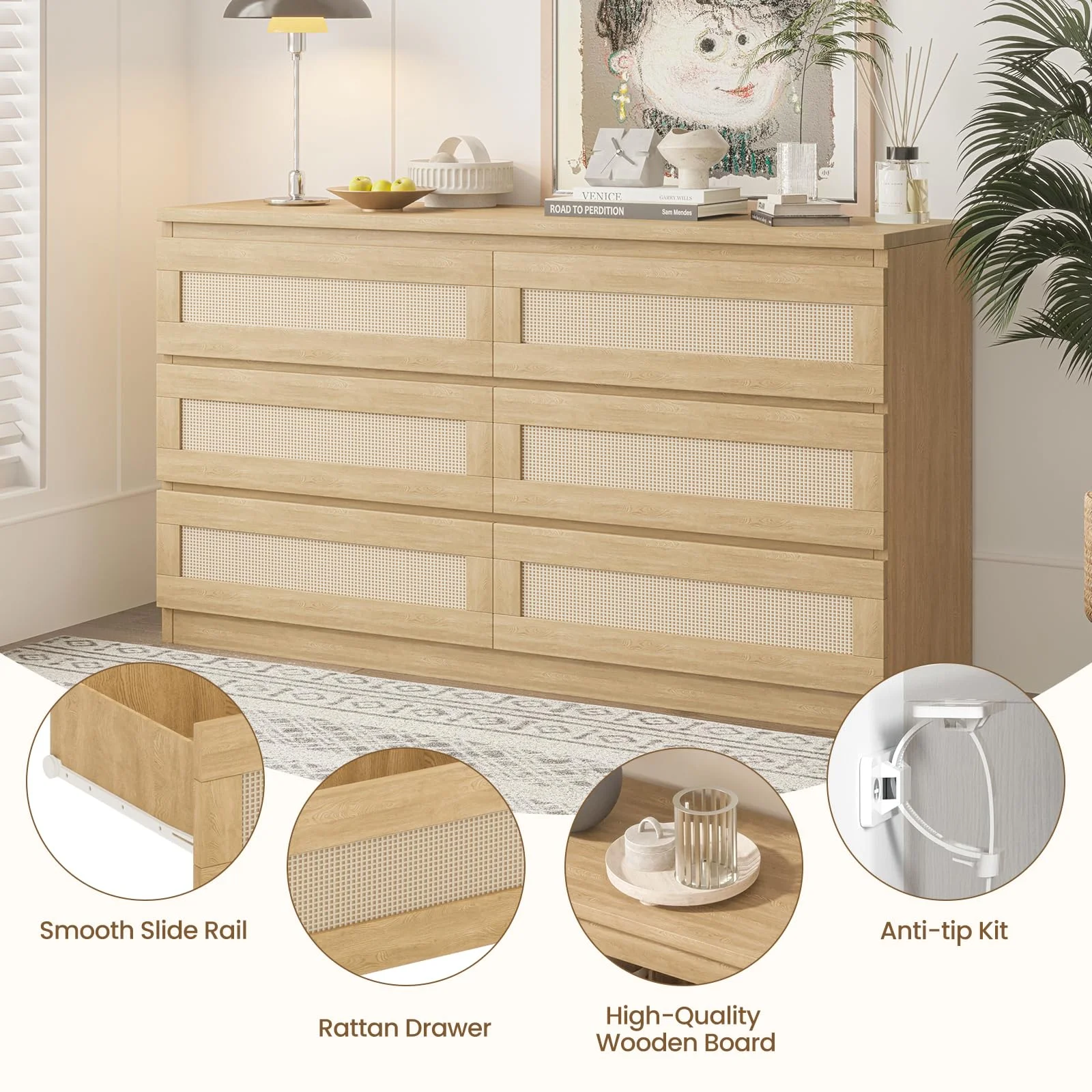 Rattan Dresser for Bedroom 6 Drawer, Double Dresser with Anti-Tip Kit, Wood Storage Wide Chest of Drawers for Bedroom, Living Room, Hallway, Oak Color(6 Drawer/Natural) - Image 7