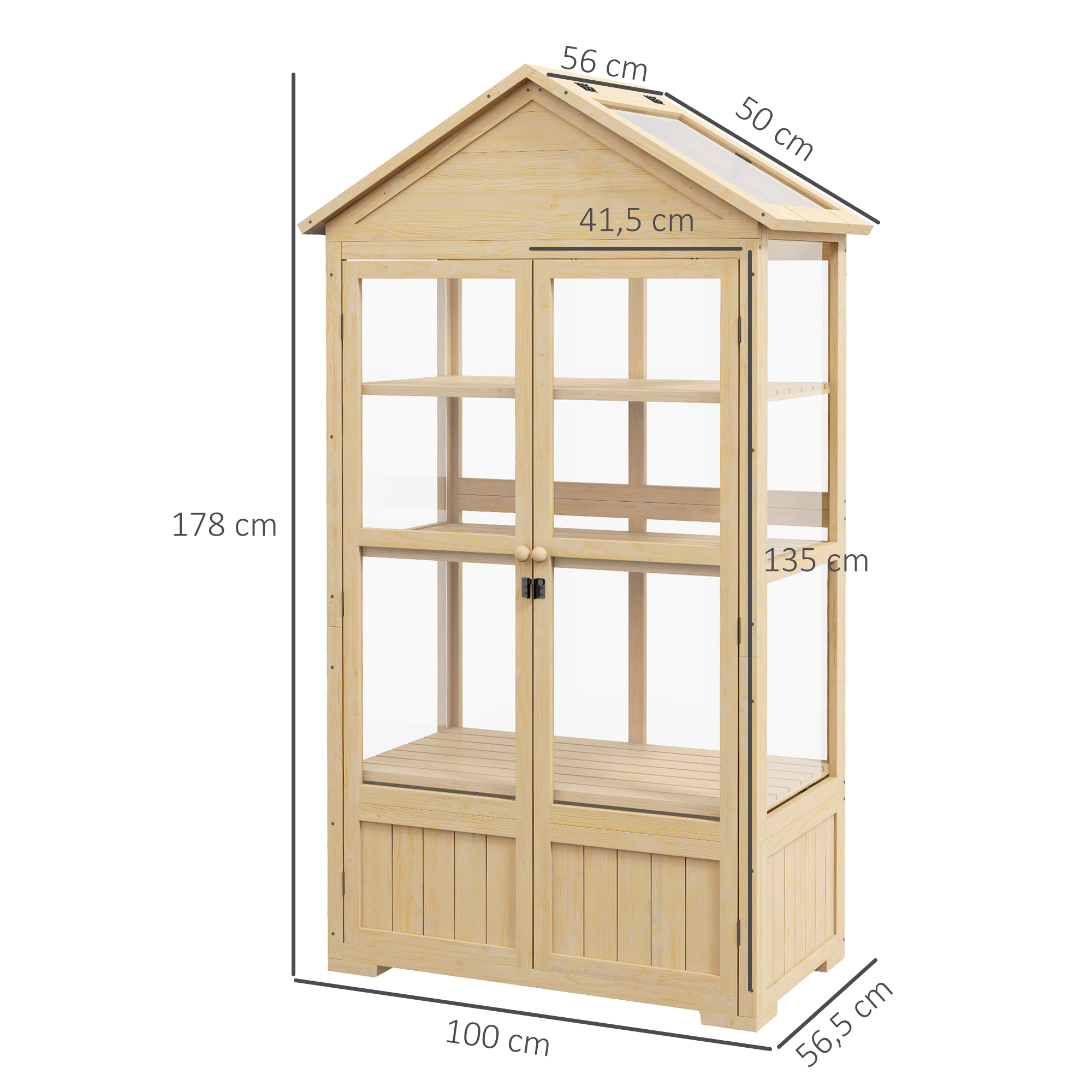 Outsunny Kas met Plank, Transparante Behuizing, Dakraam, Vergrendelbare Deur, Acryl, Houten Frame, 100x56,5x178 cm