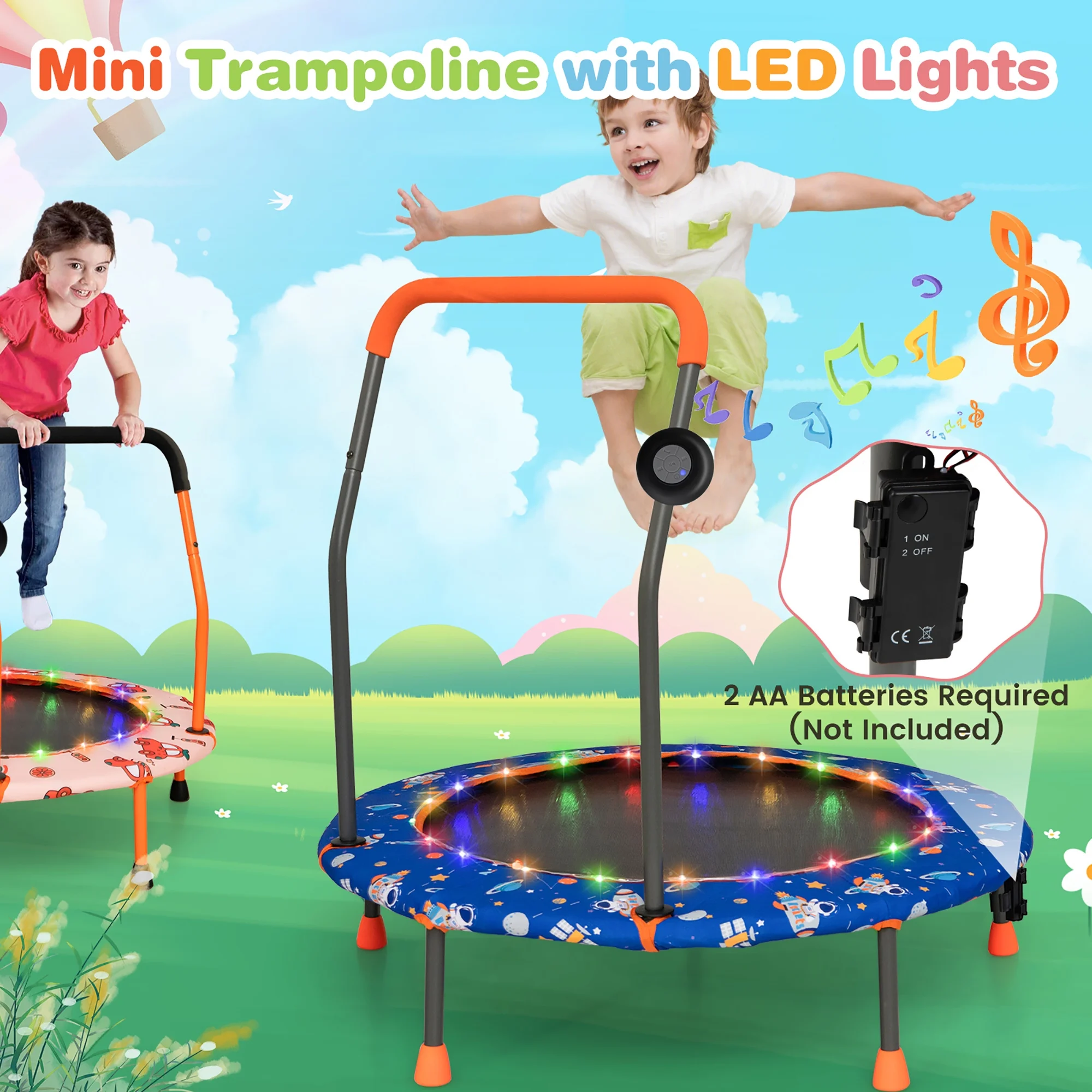 36'' Mini Toddler Trampoline w/ LED Bluetooth Speaker Detachable Handle Kids Gifts Blue - Image 9