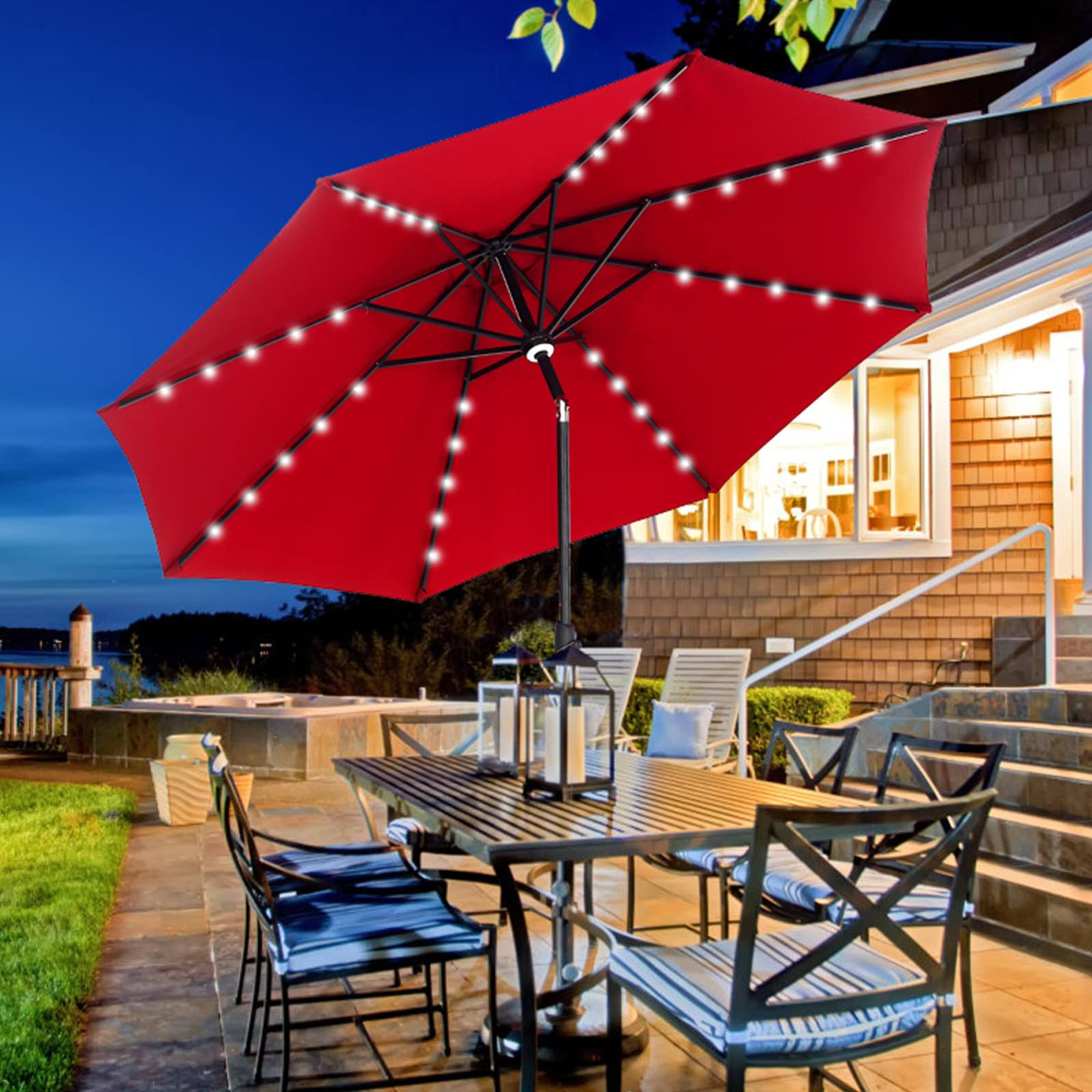 Sunoutife 10ft Patio Umbrella with 40 Solar LED Lights, Large Outdoor Table Umbrella with Tilt Adjustment and Crank for Market Garden Backyard &