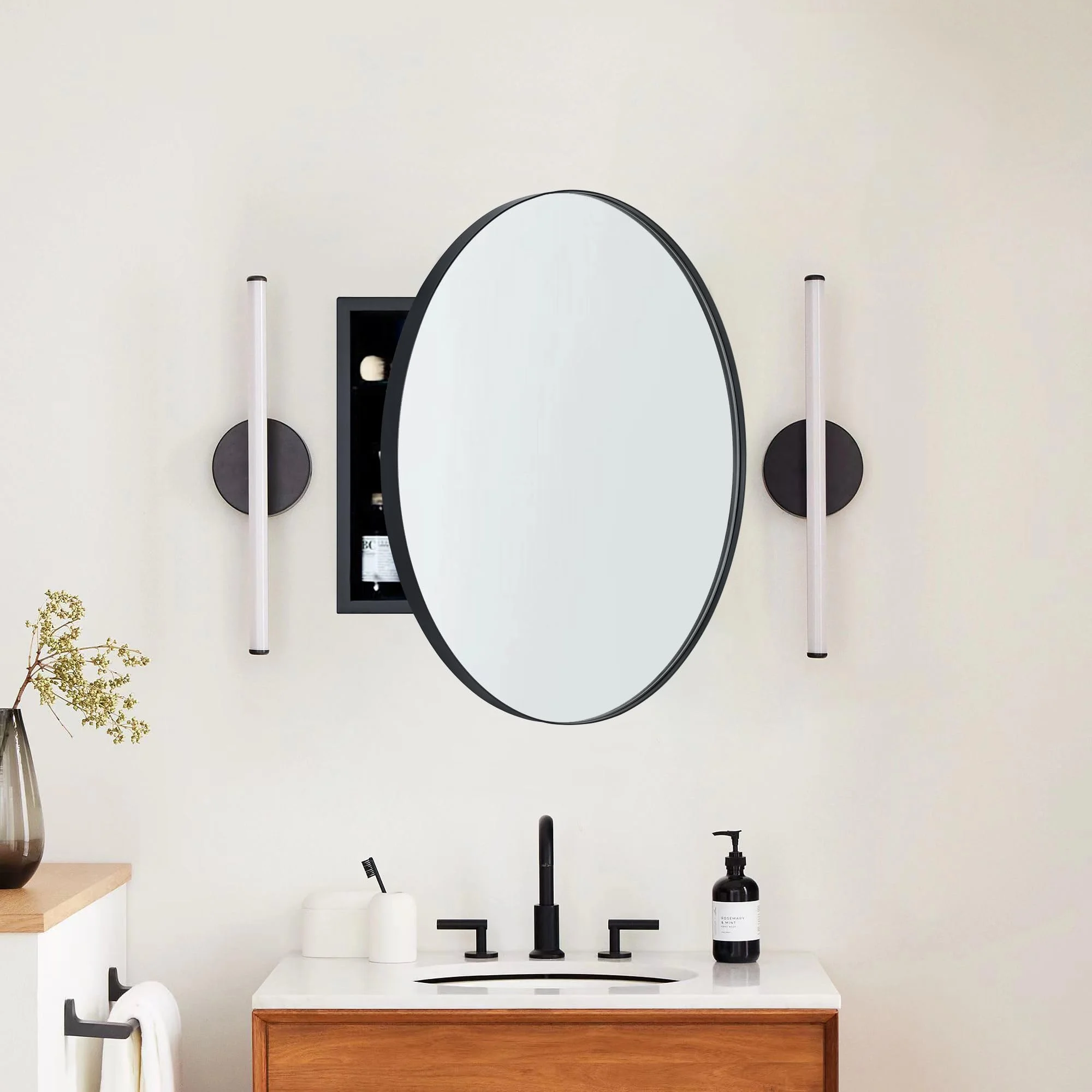 TEHOME Myriel Surface Mount Framed Round Medicine Cabinet with Mirror 24" x 24" - Black