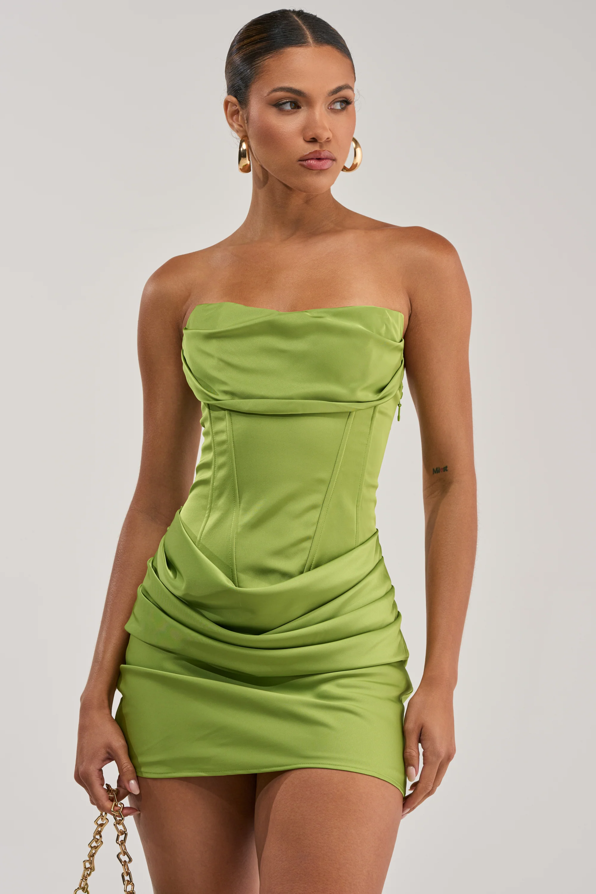 NO COMPETITION STRAPLESS SATIN MINI DRESS IN CHARTREUSE - Akira Store