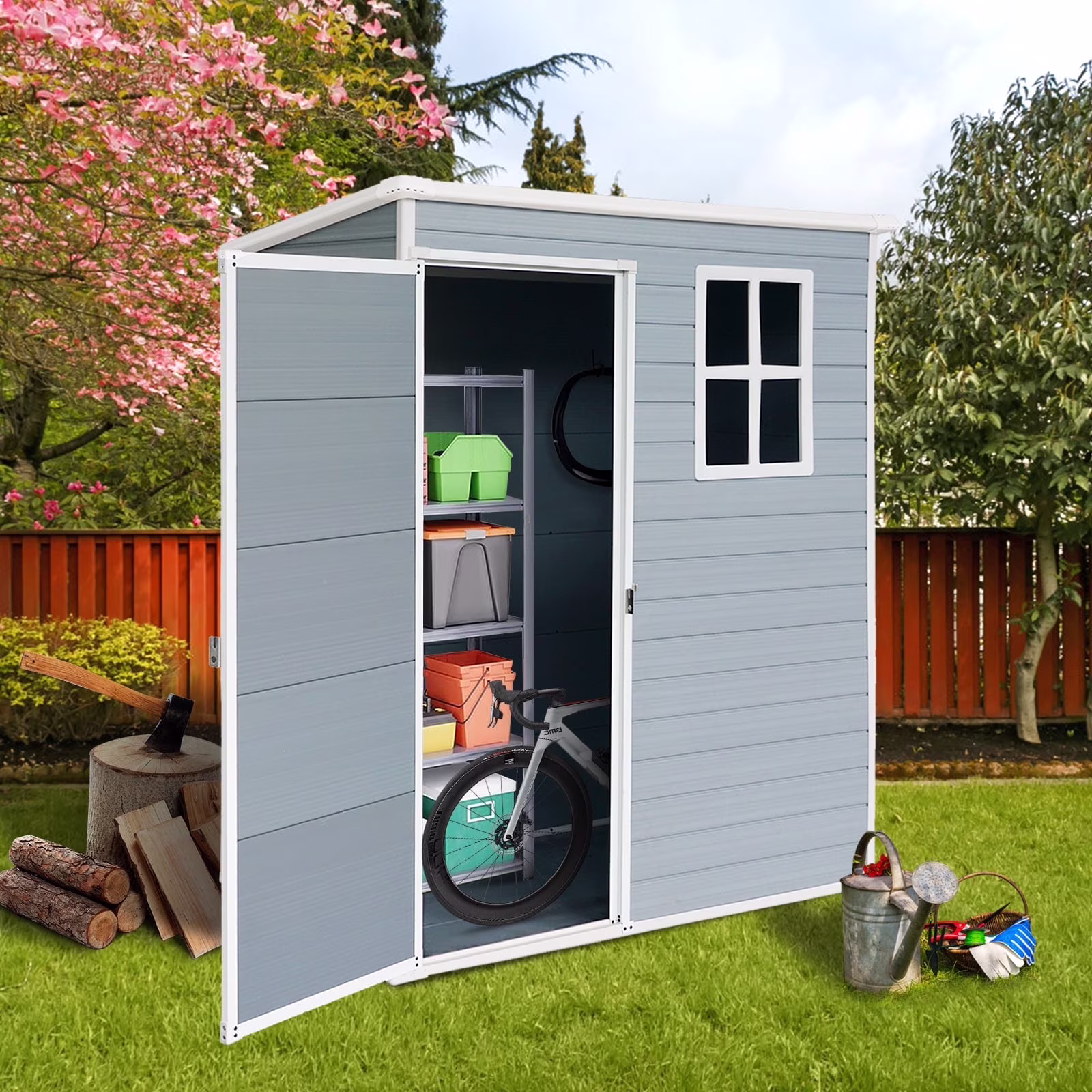Shed and Outdoor Storage, 41 Cu.Ft Small Outdoor Resin Shed with 3 Doors Floor, 306GAL Deck Box Waterproof Plastic Tool Storage Shed for Cushion Lawn Mower Garbage Cans(Gray) - Image 5