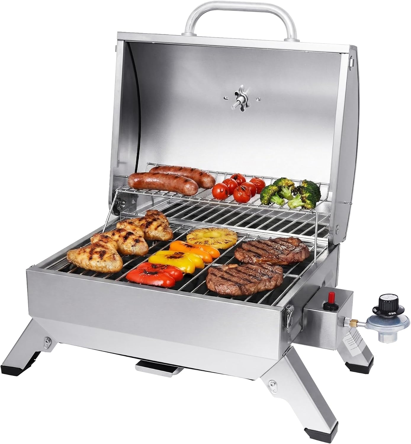 Royal Gourmet GT1001 Stainless Steel Portable Grill, 10000 BTU BBQ Tabletop Gas Grill with Folding Legs and Lockable Lid, Outdoor Camping, Deck and Tailgating, Silver