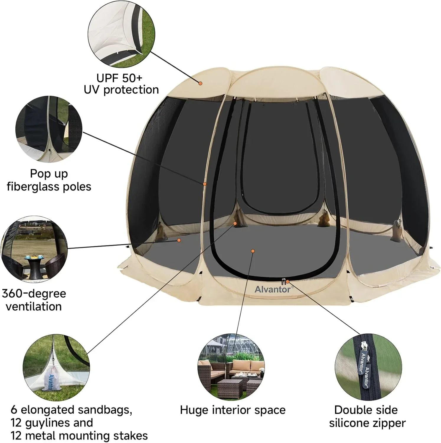 Gazebo moustiquaire pouvant accueillir 6, 10 ou 15 personnes. Tente de style igloo avec moustiquaire latérale. Idéal