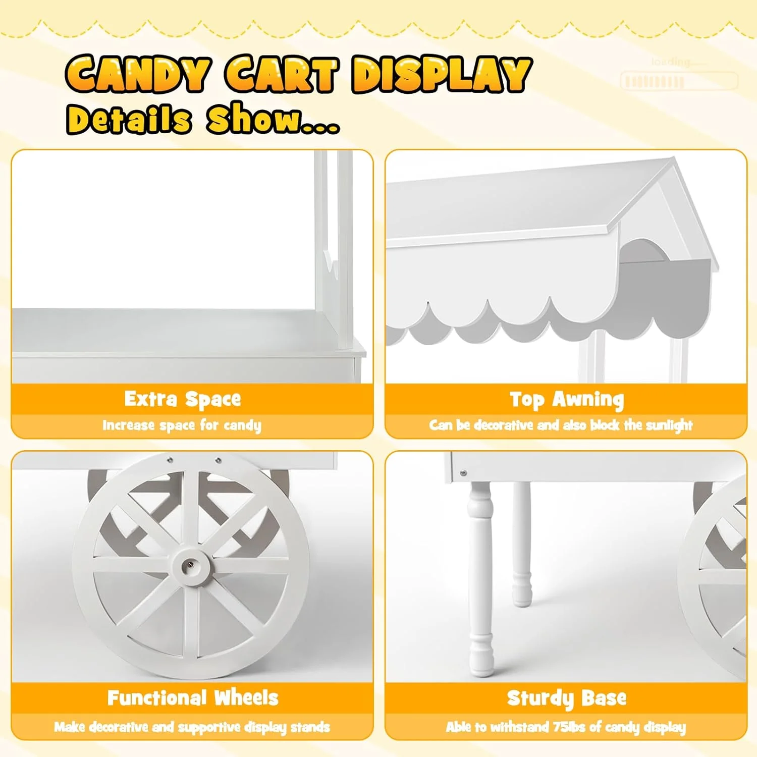 72in Candy Cart Display Stand with Decorated Wheels 100 Balloons Easy Install Vintage Dessert Cart for Parties Birthdays Weddings White(White) - Image 10