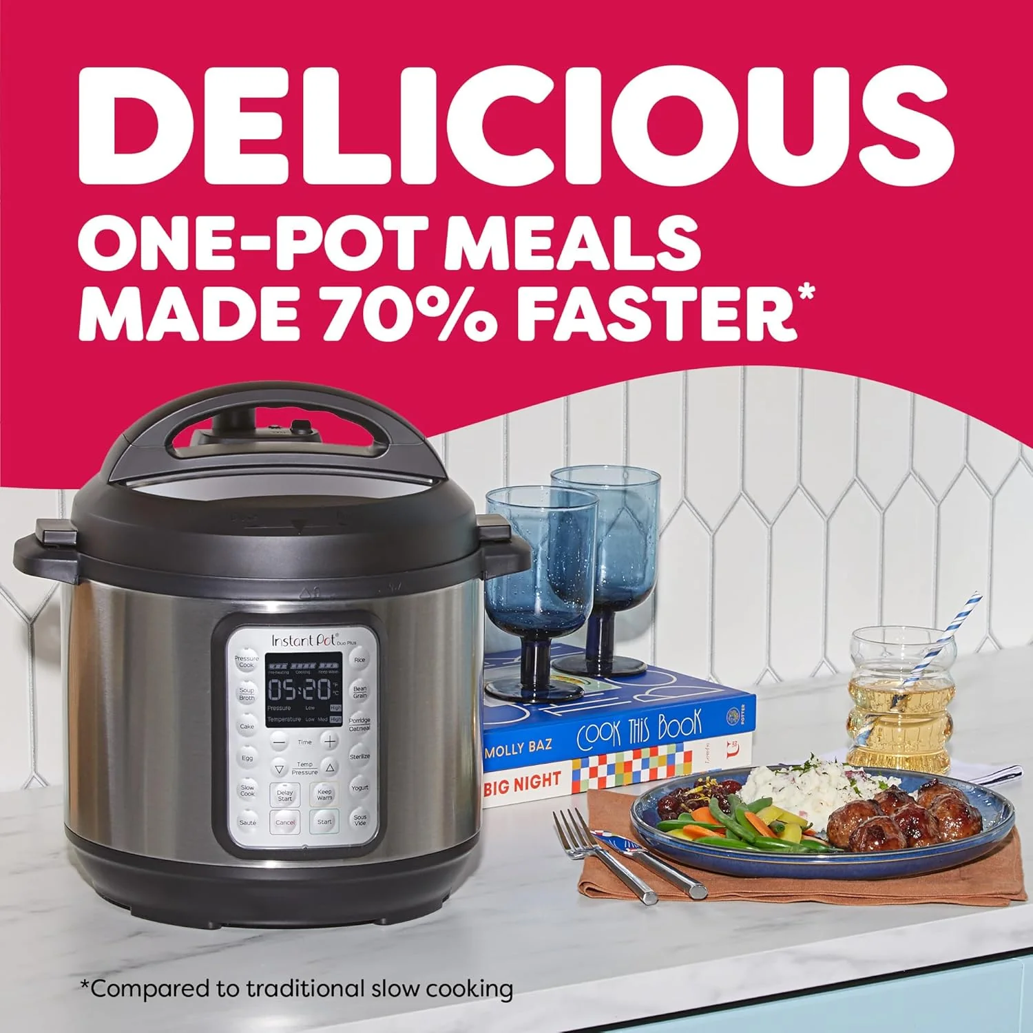 Multicuiseur 9 en 1 : autocuiseur, mijoteuse, cuiseur à riz, cuiseur vapeur, fonction sauté, yaourtière, chauffe-plat et stérilisateur. Application avec plus de 800 recettes incluse. Acier inoxydable. Capacité : 6 litres.