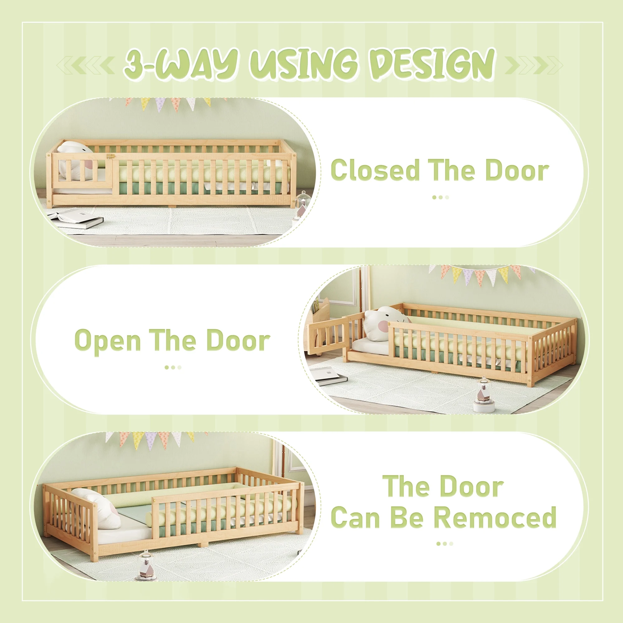 Twin Size Bed Floor Bed with Safety Guardrails and Door for Kids Toddlers, Natural(Twin/Natural) - Image 6