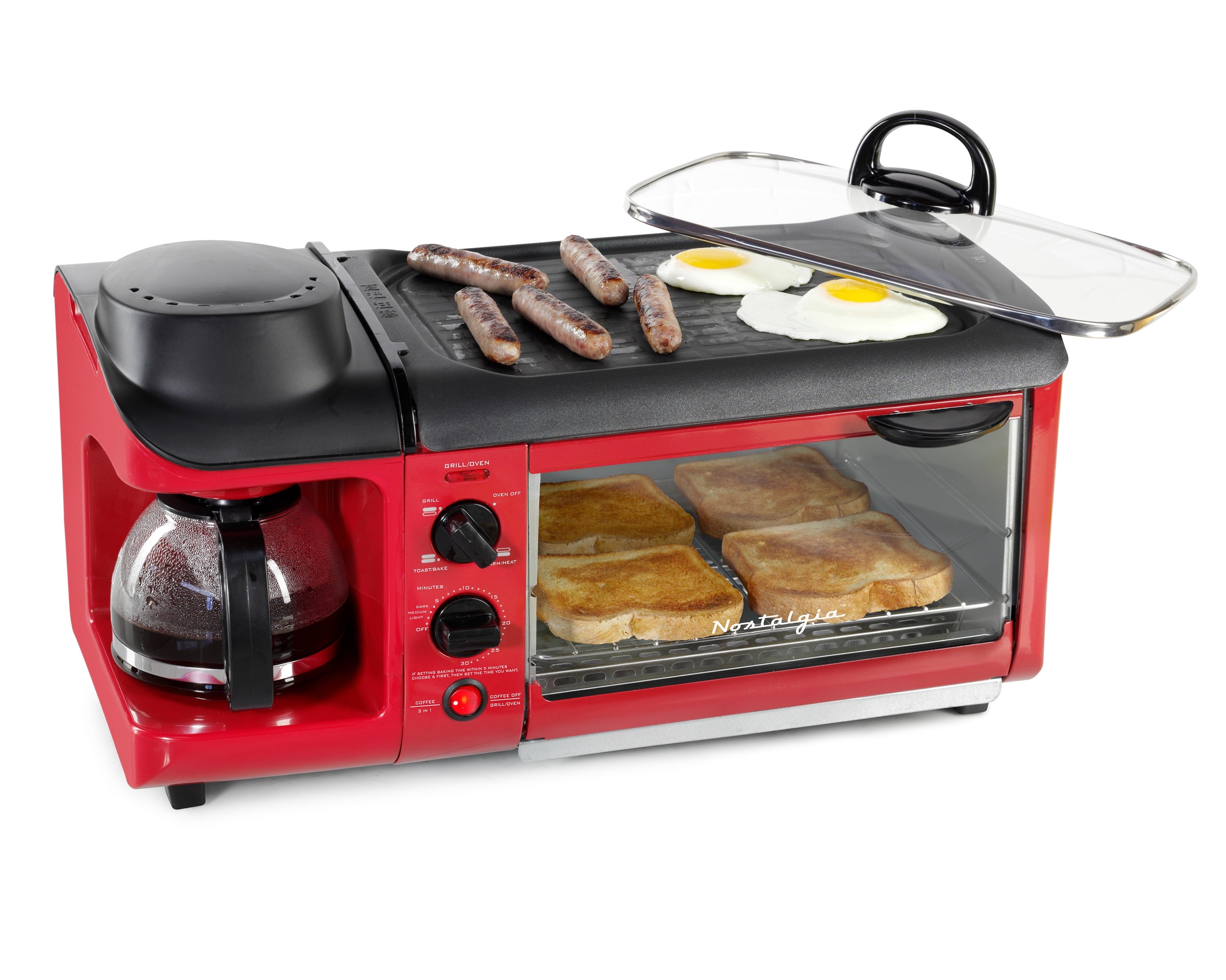 BST3RR Retro 3-in-1 Family Size Electric Breakfast Station. Coffeemaker. Griddle. Toaster Oven - Retro Red